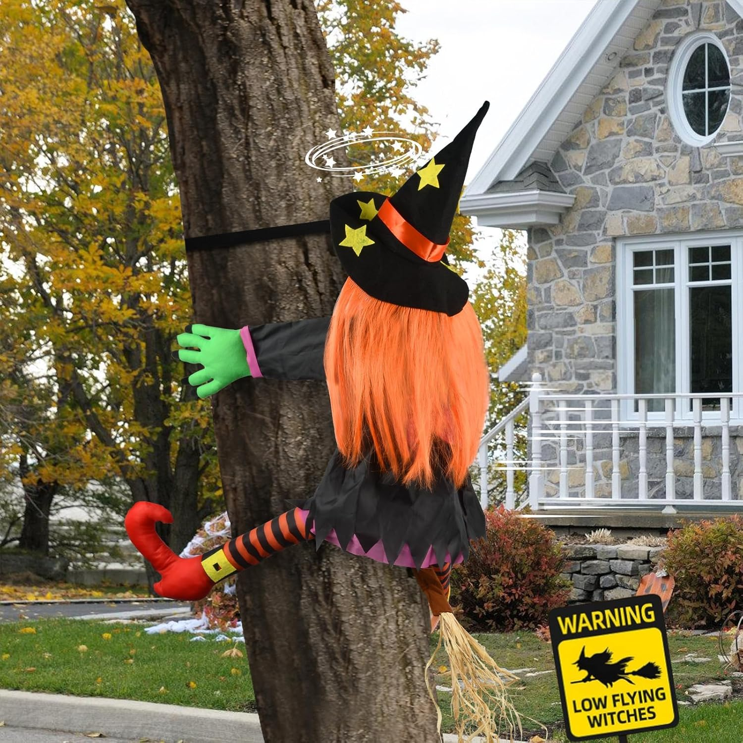 ZATMRA Crashing Witch Halloween Decorations Outdoor: Halloween Crashed Witch into Tree Hanging Props outside Ornaments Halloween Funny Cute Flying Crashed Witches for Door Porch Pole Garden Yard Decor