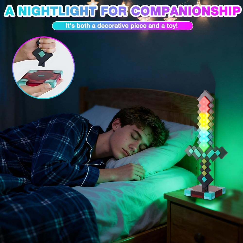 SGZIOO Diamond Sword Lamp Carft, 13 Night Light Lamp for Gaming with Sword Aura Sound Effects, Diamond Sword Toy, USB Rechargeable for Bedside Lamp with Base, DIY Gifts for Children image number 5