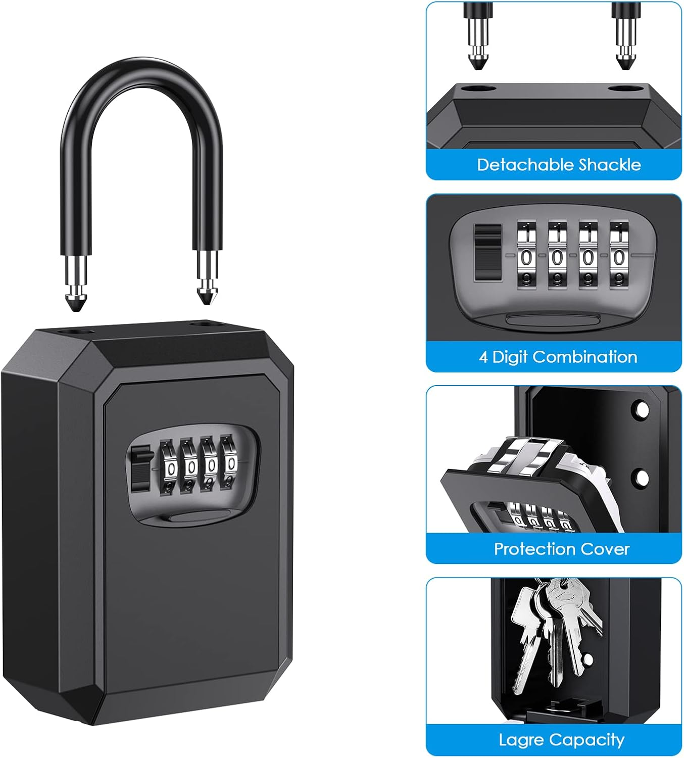 OQIMAX Key Lock Box,Key Safe Box 4 Digit Combination Key Lock Box for Outdoor with Removable Shackle,Weatherproof Key Box,2 Install Ways Hanging &Wall Mounted for Home Warehouse Garage image number 3