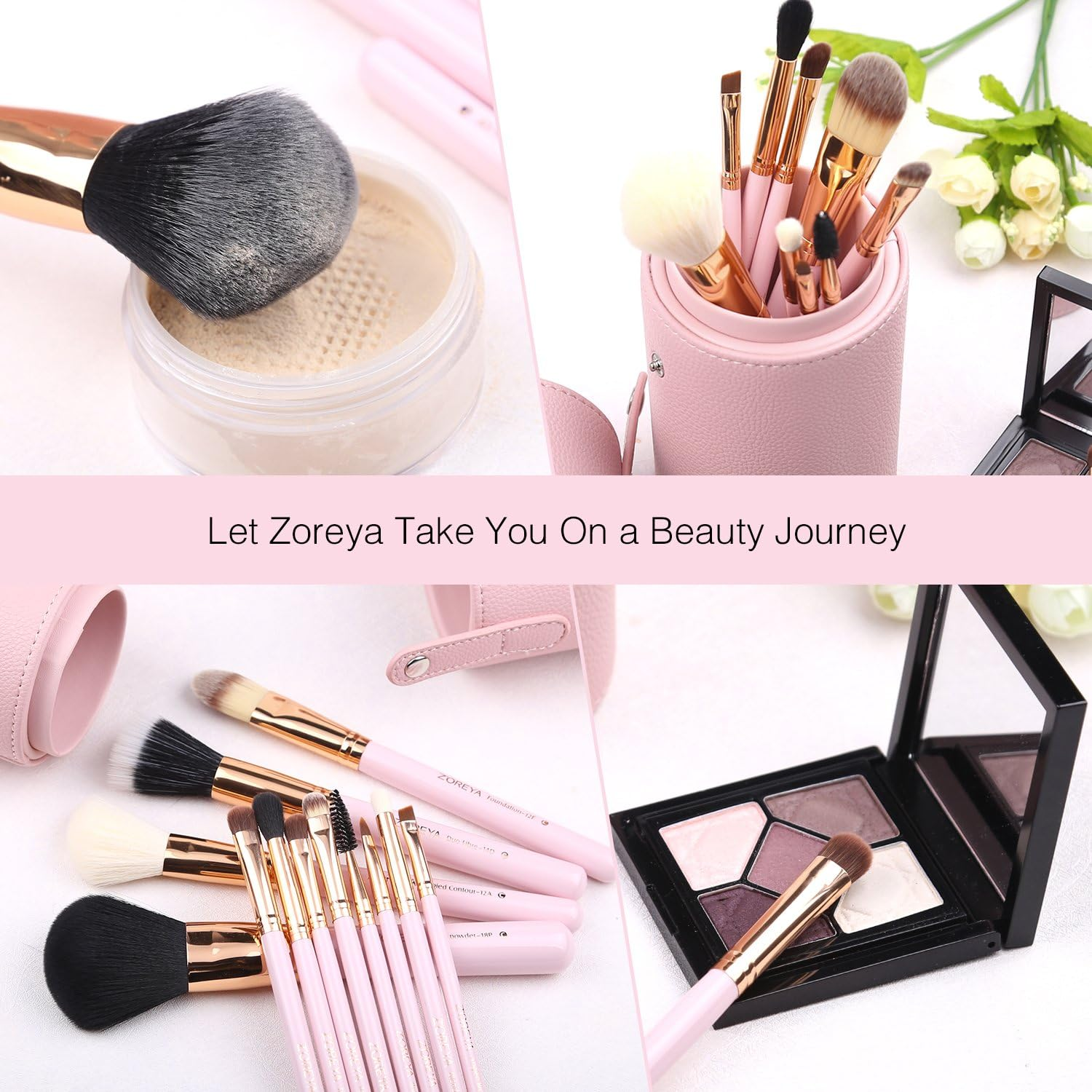 Zoreya Makeup Brush Set 12Pcs Pink Synthetic Makeup Brushes Travel Set with Holder Makeup Brush Organizer Foundation Powder Contour Blush Eye Cosmetic Brush Sets in Case with Bonus Gift Makeup Sponge - Black,Gold image number 3