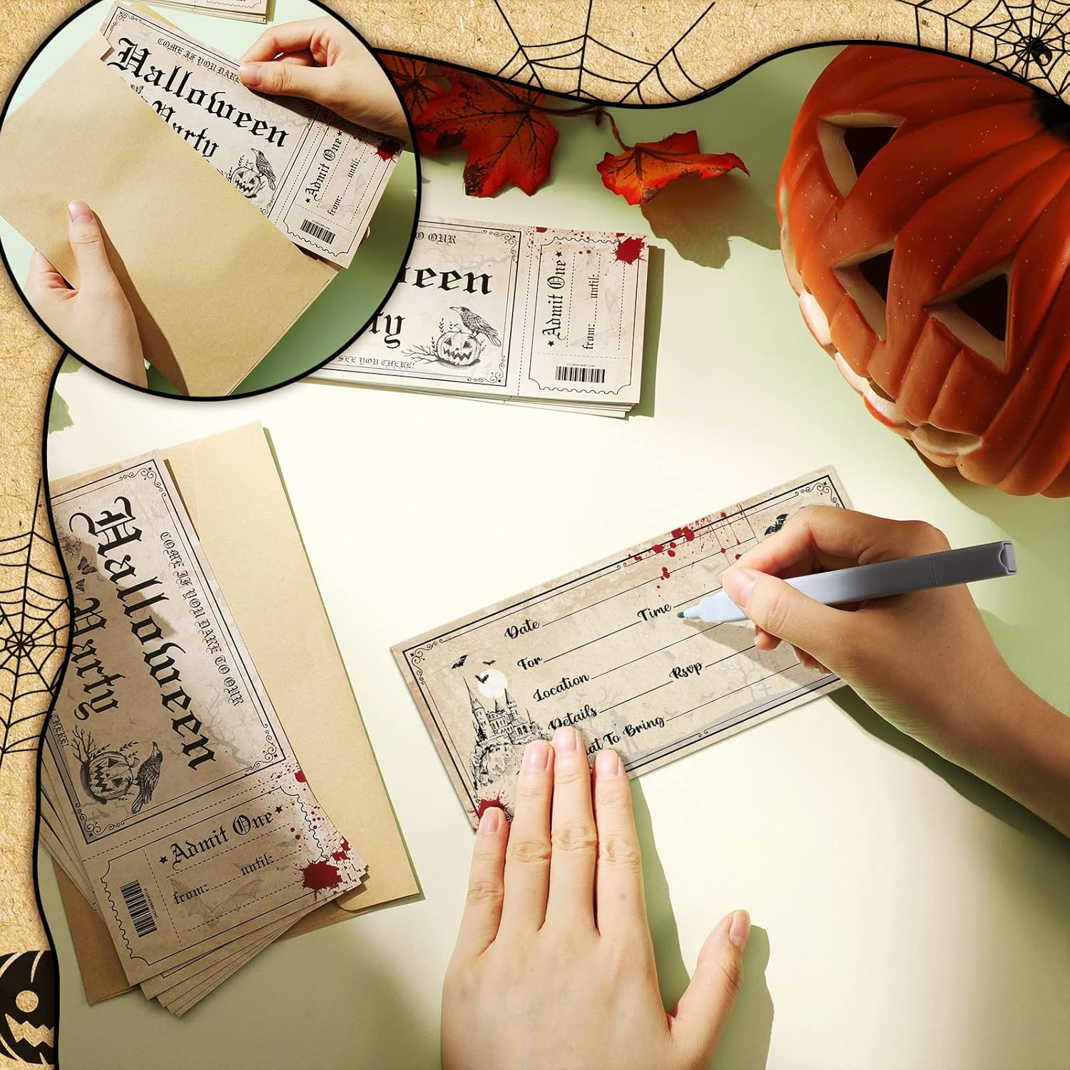 60 Pcs Halloween Party Invitations with Envelopes Ticket Scary Halloween Party Invitations Halloween Baby Shower Invitations Horror Birthday Invitations Party Invitation Cards (Pumpkin Style) image number 1