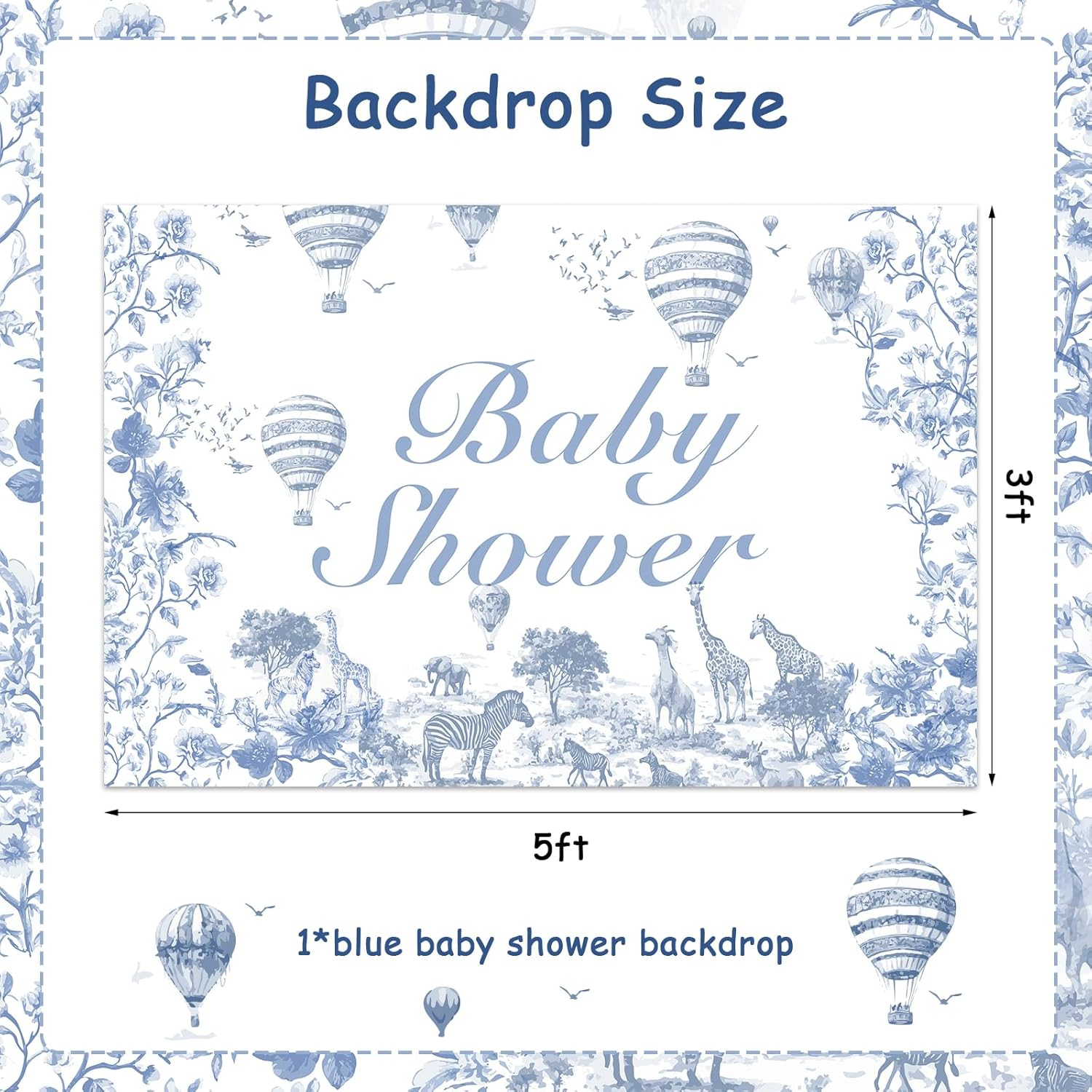 Wonmelody Jungle Safari Baby Shower Backdrop 5 * 3 Ft Dusty Blue Jungle Baby Shower Decor Chinoiserie Party Decor Jungle Animal Theme Giraffe Elephant for Chinoiserie Floral Baby Shower Birthday image number 5