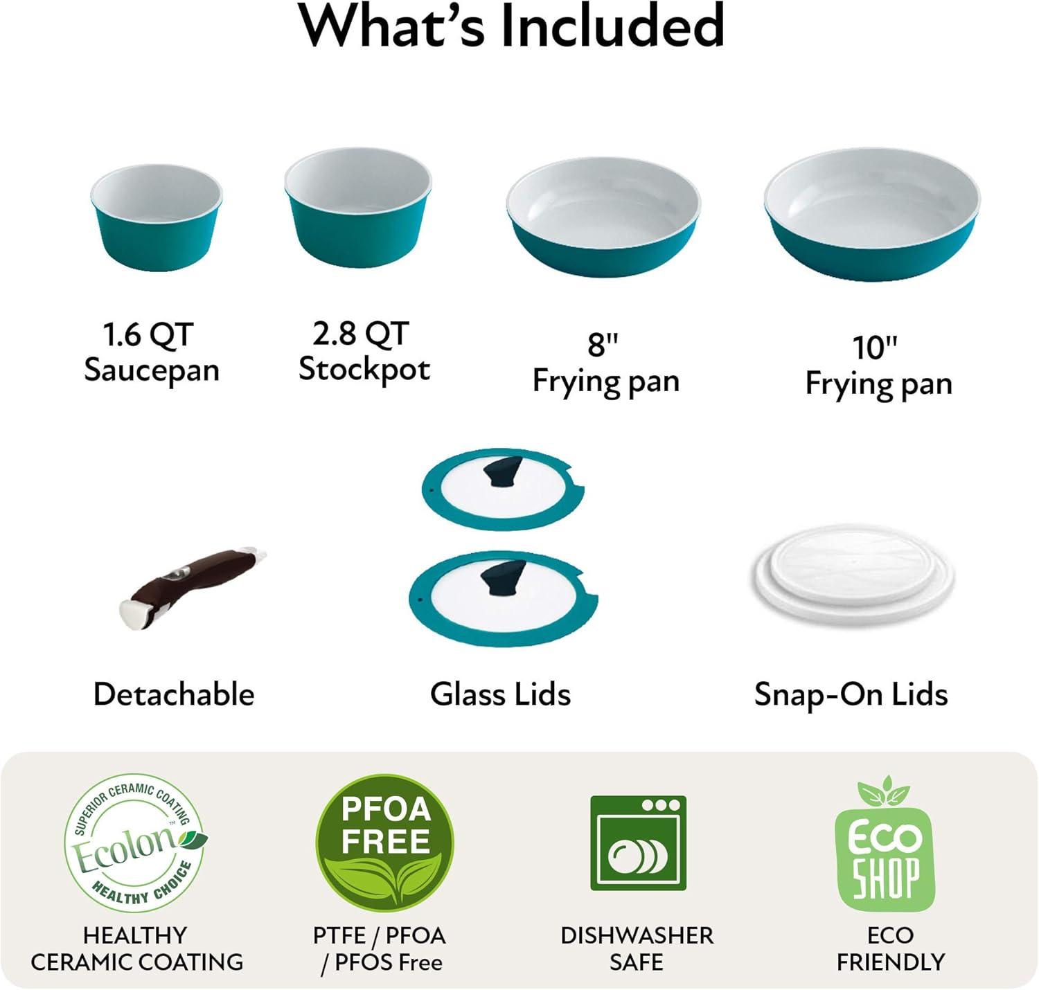 Neoflam Midas plus 9Pc Nonstick Cast Aluminum Cookware Set, PFOA Free Kitchenware with Saucepan,Frying Pan,Stove|Oven Pot, Tempered Glass Lid and Smart Detachable Handle,Oven Safe,Space-Saving,Emerald image number 2