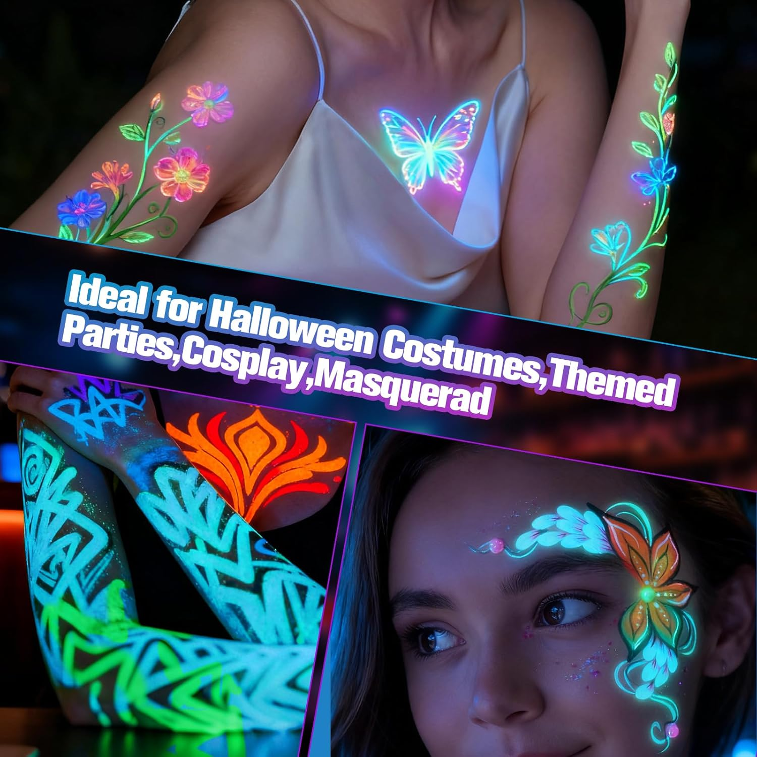 12 Color Glow Face Paint， Glow in the Dark Body Painting Kit under UV and Black Light Makeup Non-Toxic for Halloween Masquerades Easter Festivals Party Supplies image number 3