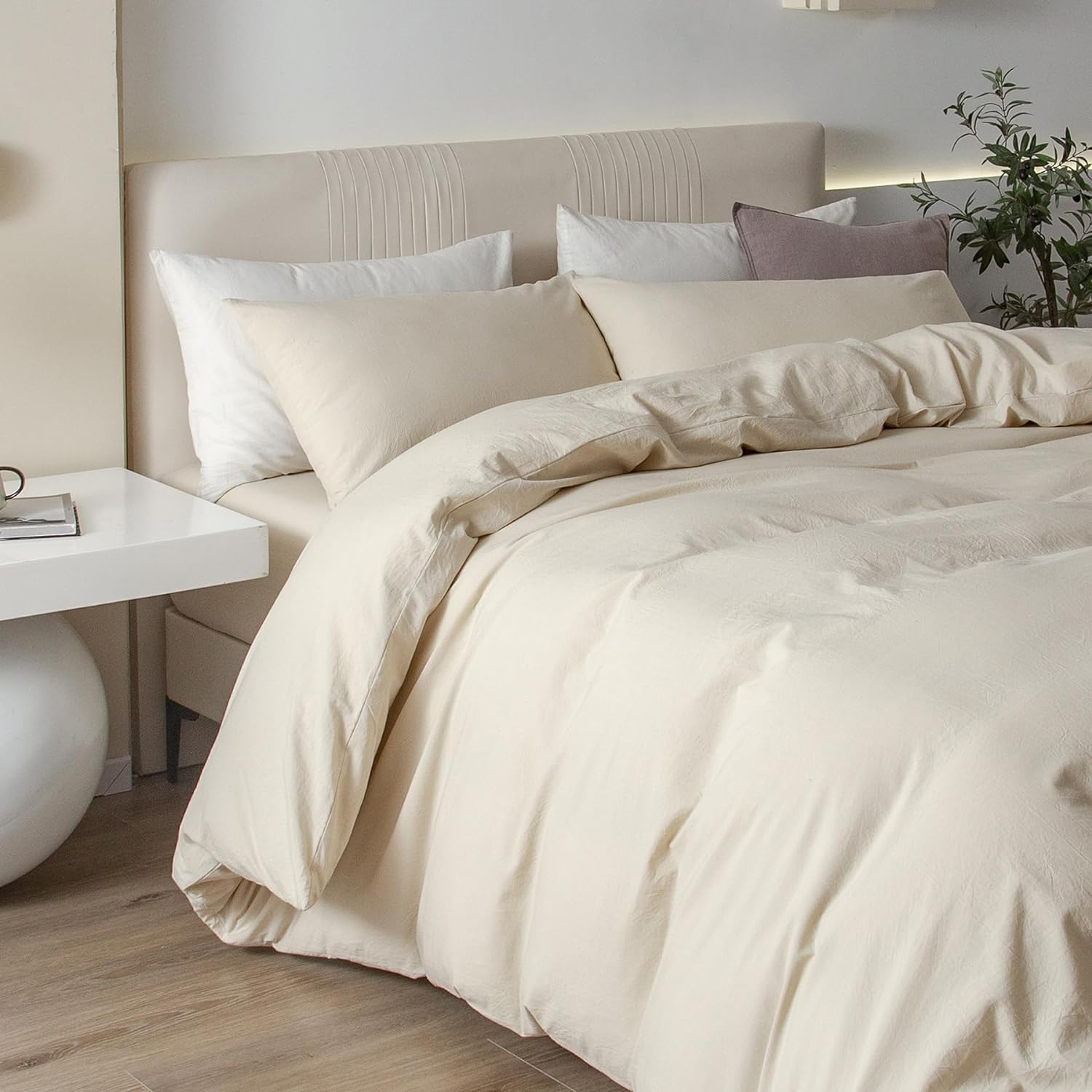 JIYUAN 100% Washed Cotton Duvet Cover Set Comfy Simple Style Soft Breathable Textured Durable Linen Feel Bedding for All Seasons Queen, Solid Beige