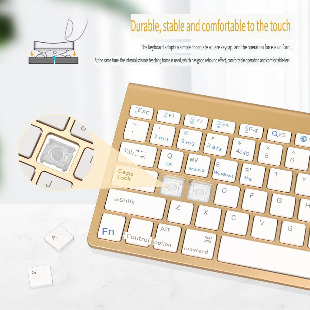 Bluetooth Keyboard and Mouse Set for Mac, Wireless Bluetooth Dual-Mode Office Keyboard and Mouse Combo, 2.4G Ultra-Thin Compact Quiet, for Windows, Computer, Desktop, PC, Notebook, Laptop (Gold) image number 6