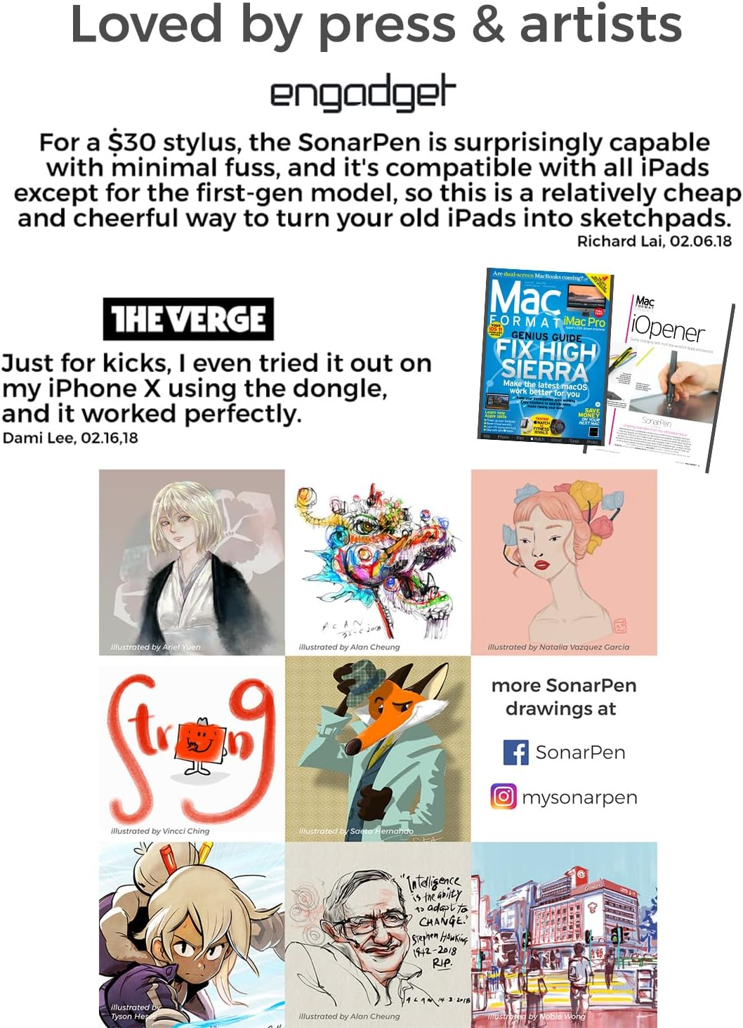 Sonarpen - Pressure Sensitive Smart Stylus Pen with Palm Rejection and Shortcut Button. Battery-Less. Compatible with Apple Ipad/Pro/Mini/Iphone/Android/Switch/Chromebook (Black) image number 2