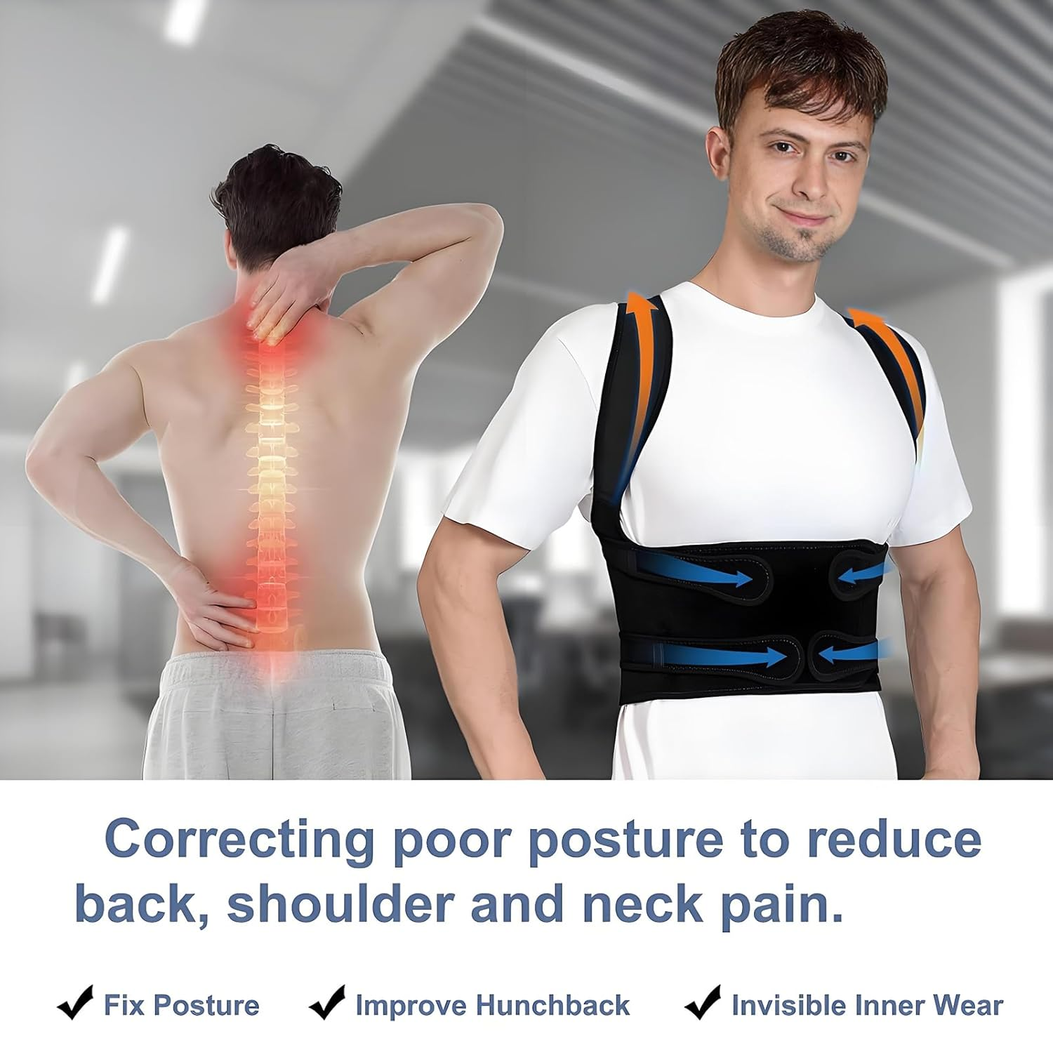 Anberyoo Posture Corrector for Women Men, 2 in 1 Adjustable Back Braces and Lumbar Supports for Relieves Upper and Lower Back Pain, Lmprove Back Posture with Back Support, Breathable and Comfortable (M) image number 3