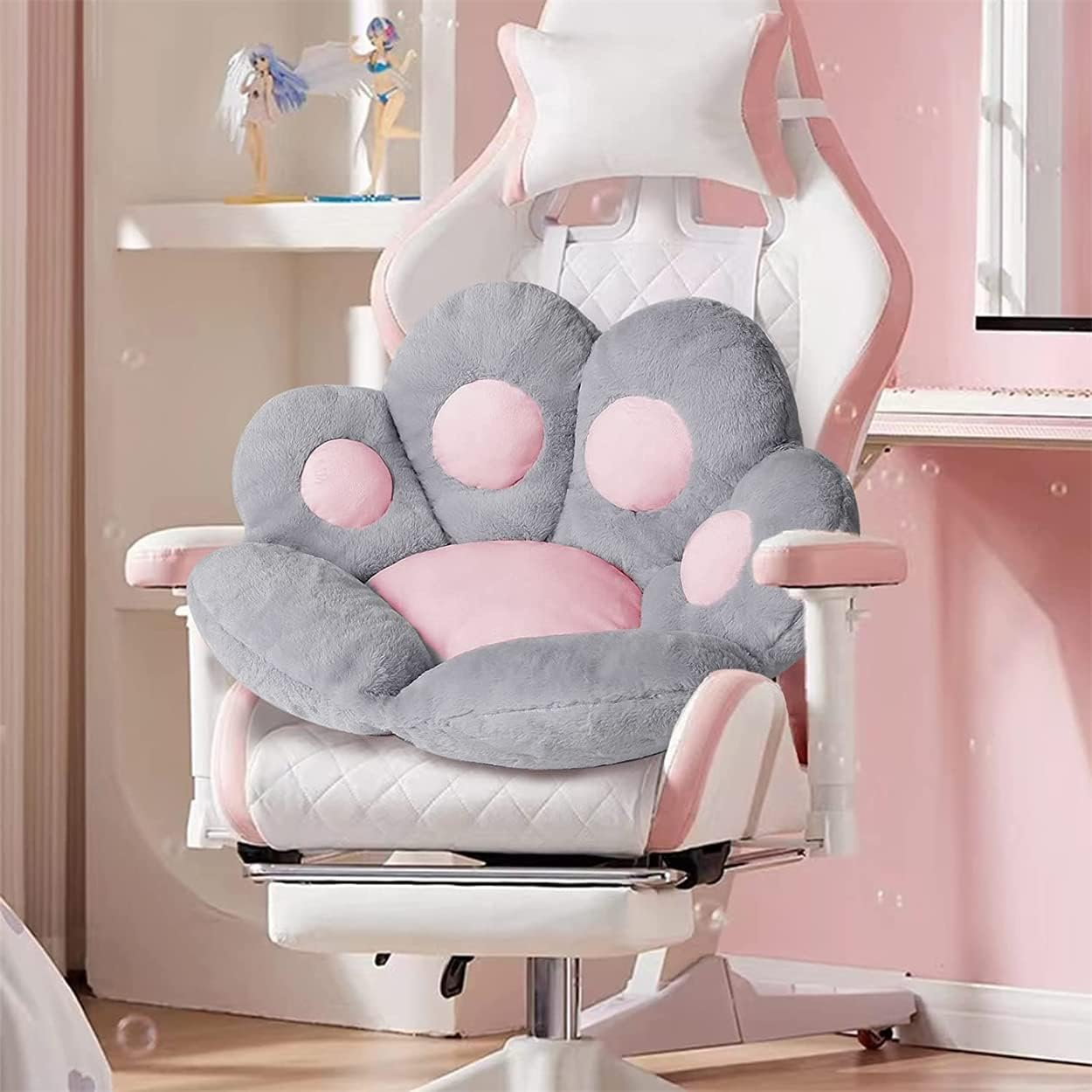 Cat Paw Cushion Comfy Kawaii Chair Cushion 31.4 X 27.5 Inch Bear Paw Lazy Sofa Office Floor Pillow Cute Plush Seat Pad for Gaming Chair for Bedroom Decor Colorful (Grey) - Pink image number 6