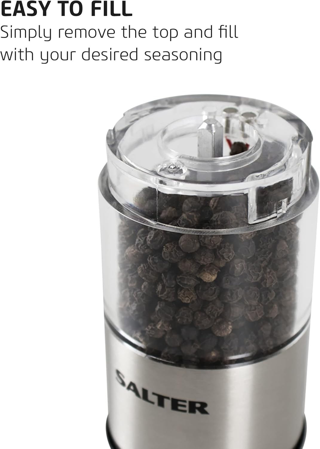 Salter 7722 SSTURA Electric Salt and Pepper Grinders - Stainless Steel Spice Grinders, Bpa-Free, Easy Refill, 60G Salt/30G Peppercorns, Adjustable Grinding, LED Light Base, One-Handed Operation image number 3