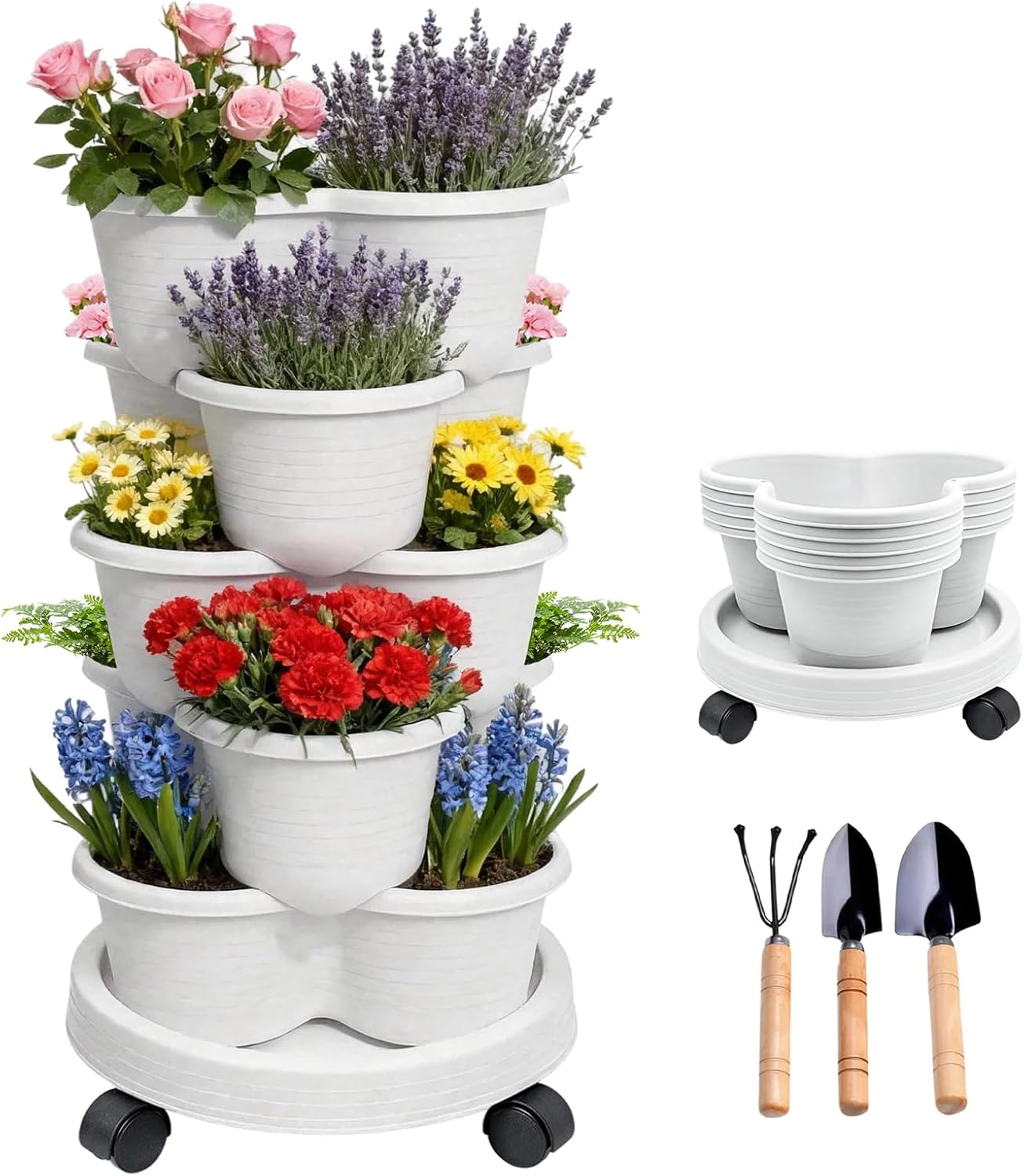 Vertical Planter, 5 Tier Stackable Planters, Indoor Outdoor Gardening Pots with Removable Wheels and Tools, Vegetable Planter for Grow Herbs, Strawberries, Flowers, Succulents image number 4