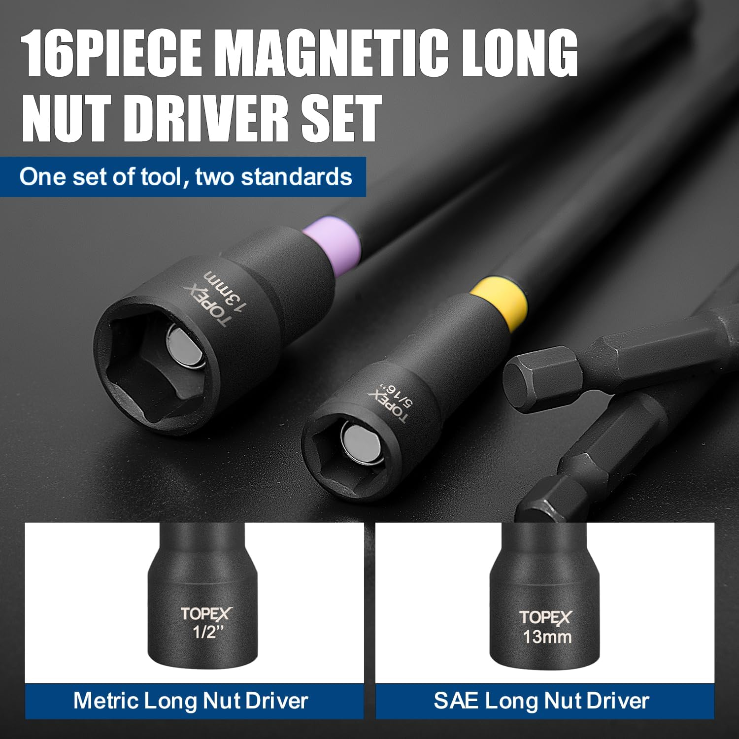 TOPEX 16Pcs Magnetic Impact Nut Driver Set Impact Grade Socket Extension, Metric & SAE Long Drivers, 1/4'' Hex Shank Adapter Drill Nut Driver Power Drill Bit Extensions Tool Accessory image number 6