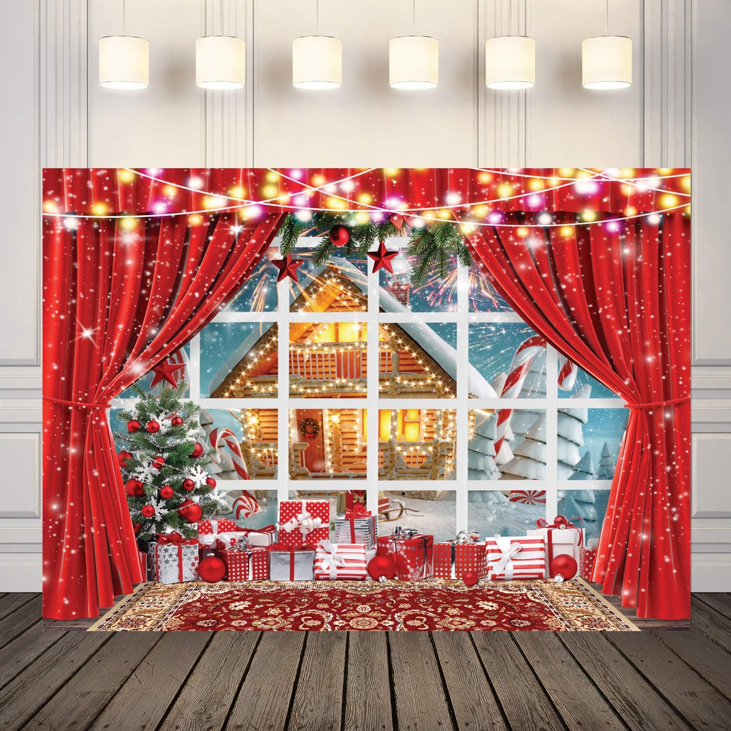 LYCGS 7X5Ft Christmas Backdrop Winter Christmas Window Photography Background Xmas Party Backdrop Xmas Tree Snow Fireworks Cartoon Christmas Photo Backdrops X-166