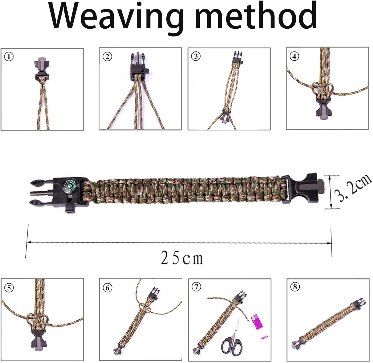 3 Pack Paracord Bracelet, 5 in 1 Paracord Bracelets,Fire Starter, Loud Whistle, Reliable Compass, Rope Cutter, Reliable Paracord