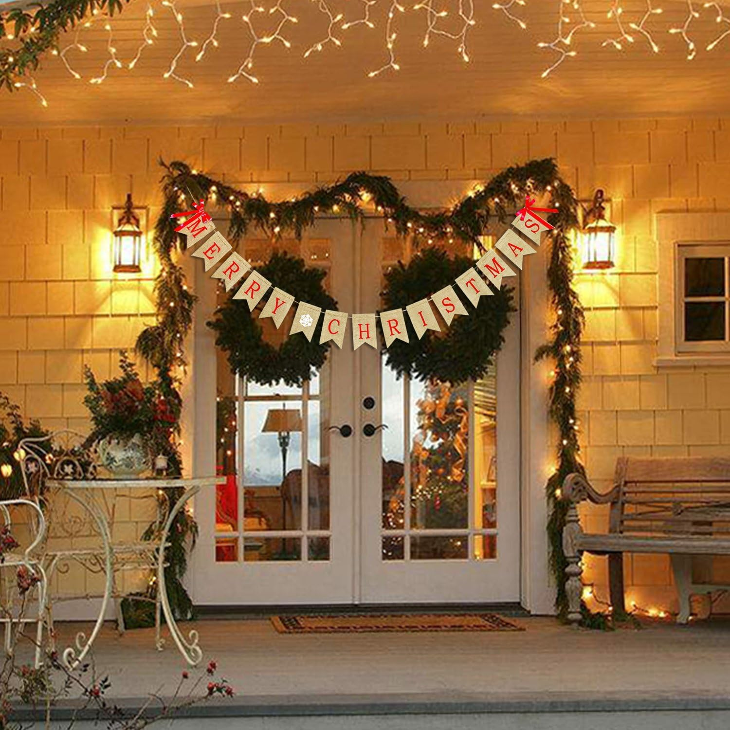 Merry Christmas Burlap Banner, Red with Brown Accents, 9.35FT Straight Christmas Banner image number 2