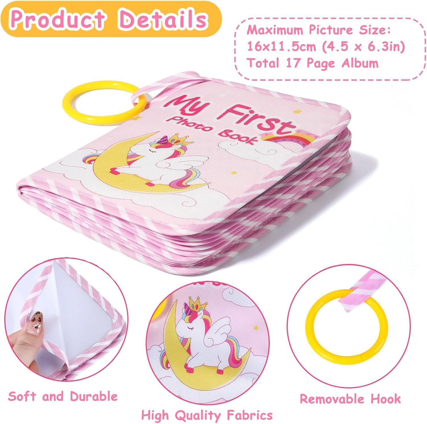 LALAASHHOP Soft Cloth Baby Photo Albums, Holds 17 4X6 Photos, Perfect for Newborn Toddler Memories, 1 Year Old Girl Boy Gifts Baby Shower Gifts (Pink Unicorn)