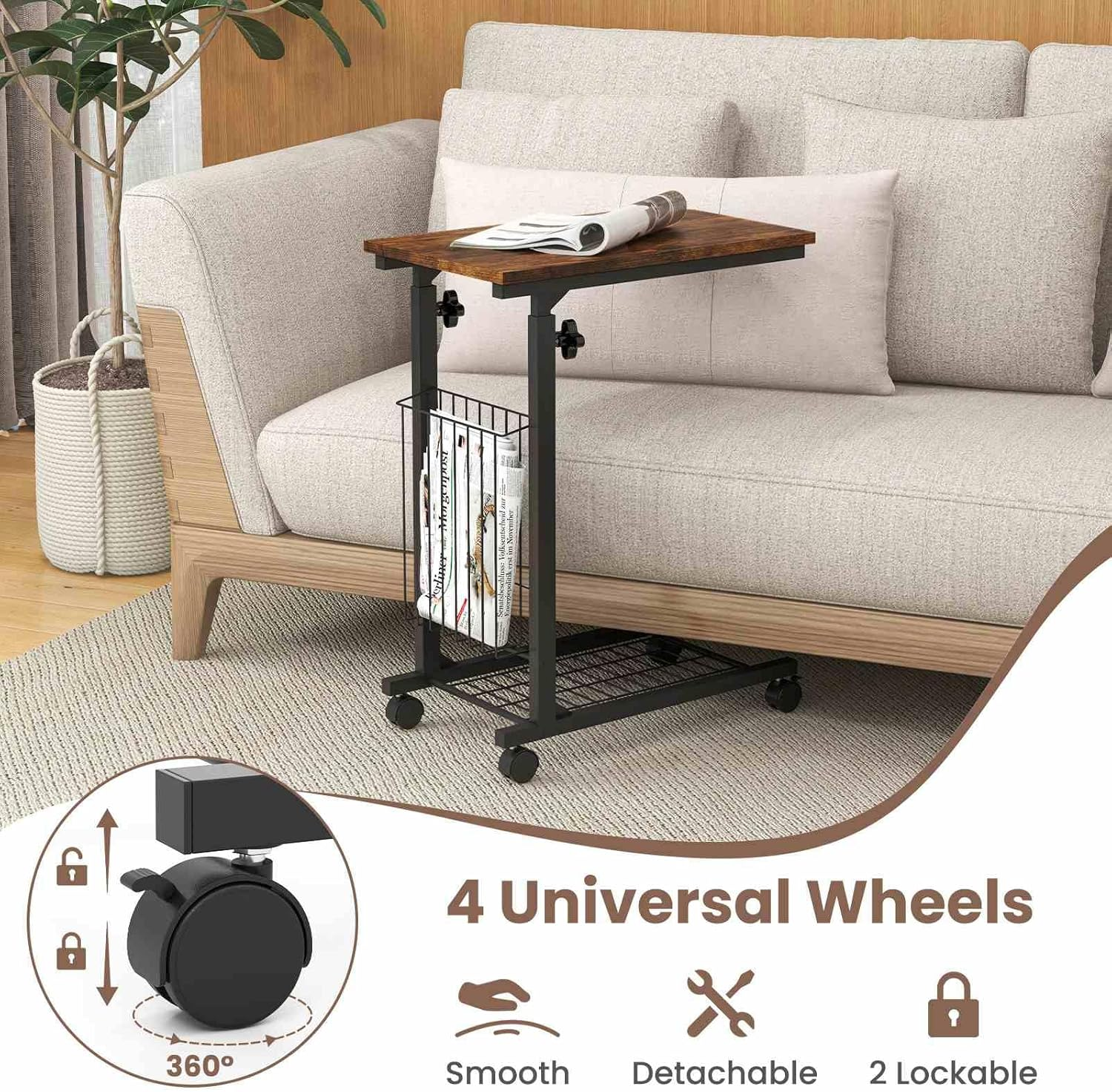 Costway Height Adjustable C Shape Side Table, Mobile End Table with Detachable Wheels, Side Basket and Bottom Mesh Storage, Space-Saving Slide under Sofa Table for Living Room Bedroom (Rustic Brown) image number 4