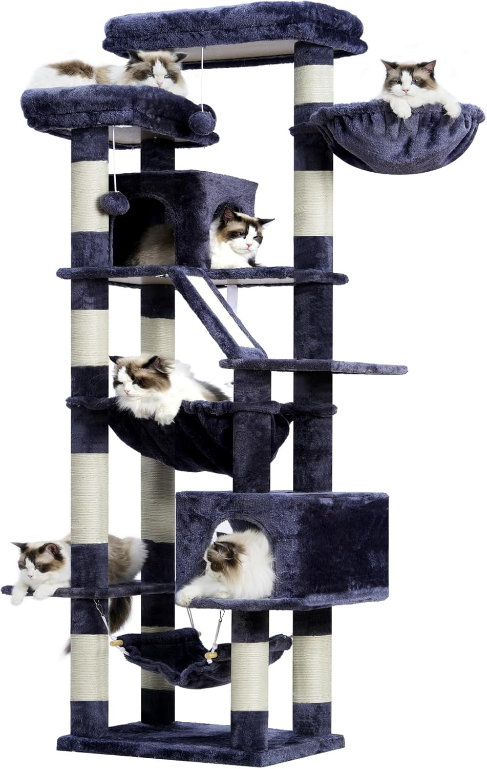 Heybly Cat Tree，71-Inch Tall Tower for Indoor Cats with 2 Perches, 2 Big Condos, 2 Hammocks, Basket, Scratching Pad，Large Cat Furniture and Condo, Light Gray HCT034W