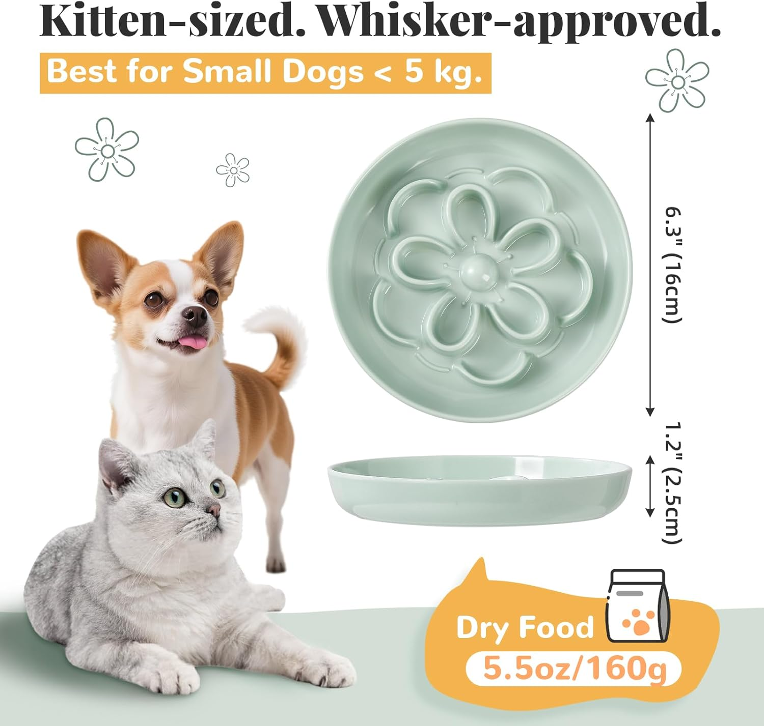 Melamine Cat Slow Feeder Bowl - Floral Maze Cat Food Dish - Flat Plate for Dry & Wet Food - Cute Kitten Bowl - Dishwasher Safe - 6.3'' W X 1'' H - 5.5 Oz (160G) - Blue
