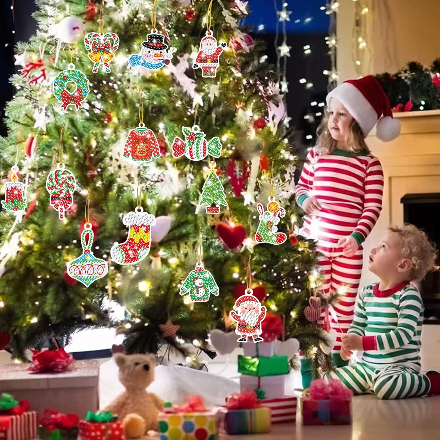 Christmas Diamond Art Painting Pendant, ACSAUMMY 38Pcs 5D Diamond Dots Painting Cards Pictures Kids Diamond Art Dots DIY Diamond Kits Gem Art Craft for Christmas Tree Xmas Accessories Party Xmas Decor image number 4