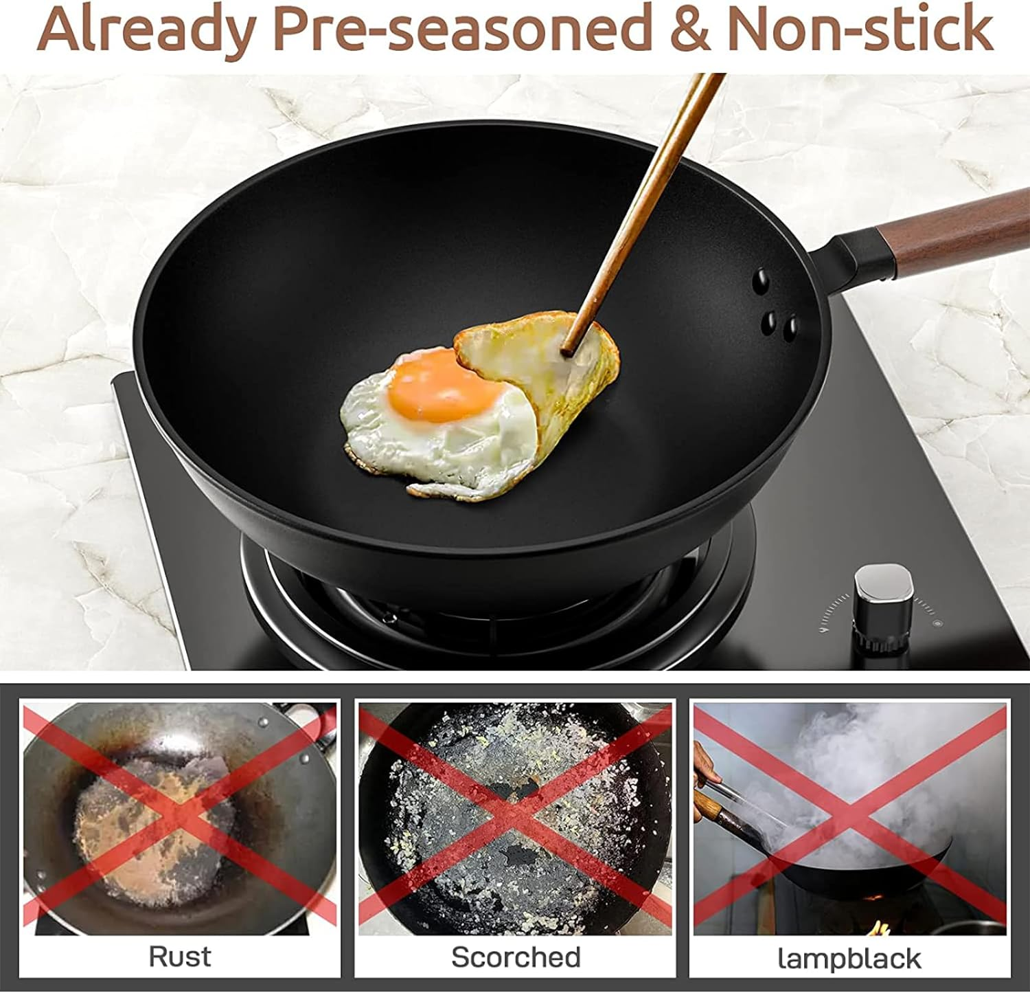 Lyeef Nonstick Wok, 13-Inch Carbon Steel Wok Pan with Lid Woks & Stir-Fry Pans No Chemical Coated Wok with Spatula Flat Bottom Cookware Chinese Wok for Induction, Electric, Gas, Halogen, All Stoves