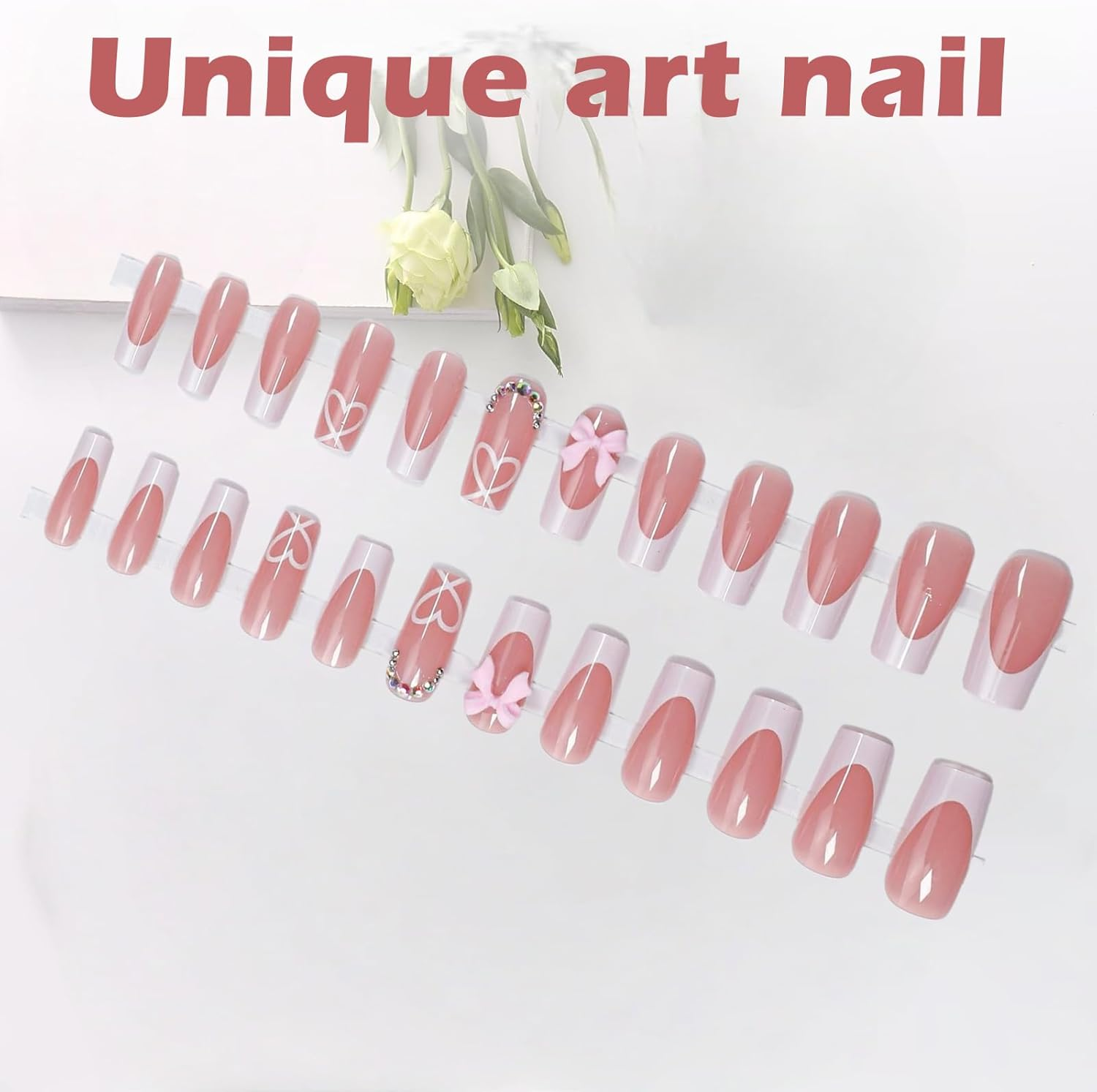 French Tip False Nails, Acrylic Full Cover Fake Press on Nails for Women Girls, Square Long Nude Color Stick on Nail Art Manicure Decorations (#1) image number 5