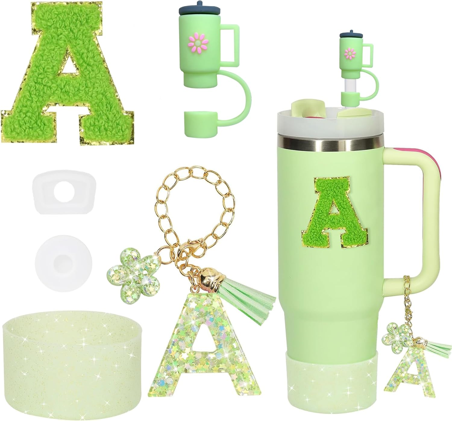 6PCS Cup Accessories Set for Stanley Cup 30Oz 40Oz Tumbler with Handle, Including Silicone Straw Topper Cover Cap and Boot, Spill Proof Stopper, Handle Charm, Initials Sticker(Green S)