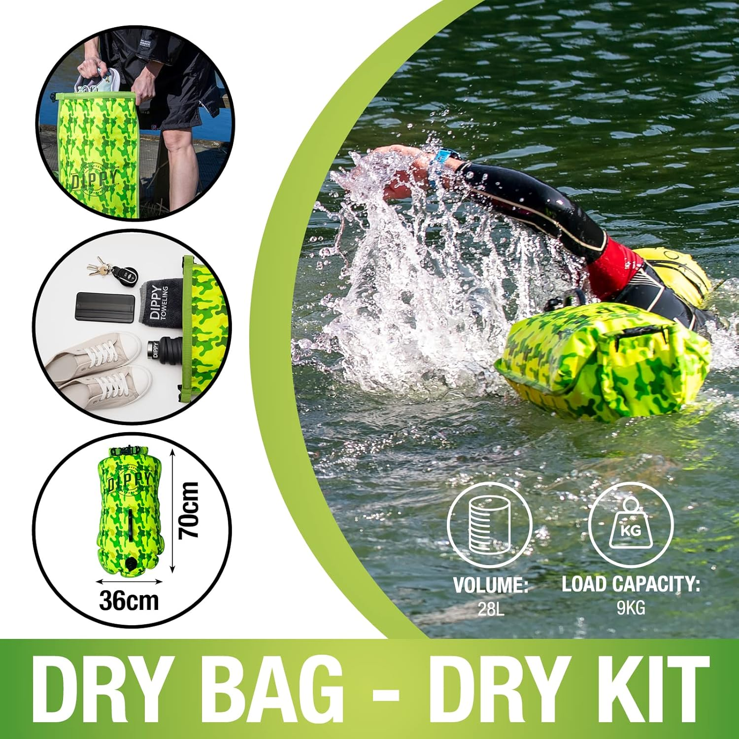DIPPY Tow Floats for Open Water Swimming | 28L Swim Buoy Open Water Swimming Float | Waterproof Swimming Buoy | Tow Float Dry Bag | Wild Swimming Float | Wild Swimming Accessories (Green Cammo) image number 3