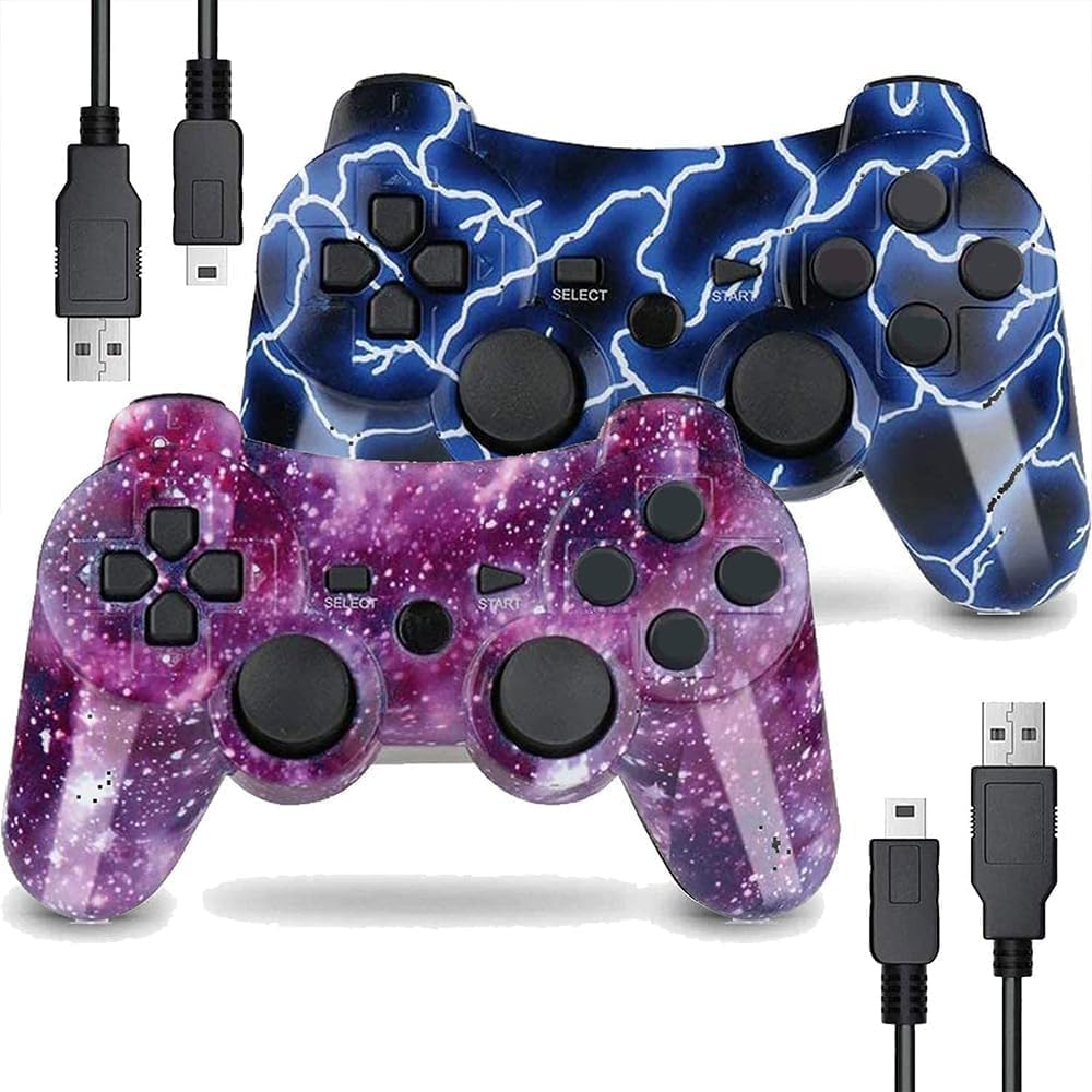 PS3 Gaming Controller, Wireless Move/Motion Controller Gamepad with Upgraded Joystick Compatible with Play Station - 3 (Blue Lightning and Red Starry Sky) image number 2