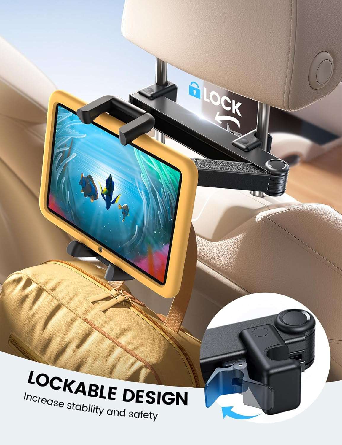 Lamicall Car Headrest Tablet Holder - [Thick Case Friendly] Ipad Mount for Car Backseat, Road Trip Essentials for Kids, for Ipad Pro, Air, Mini, Galaxy, Fire HD, More 6.1-13" Devices, Black image number 6