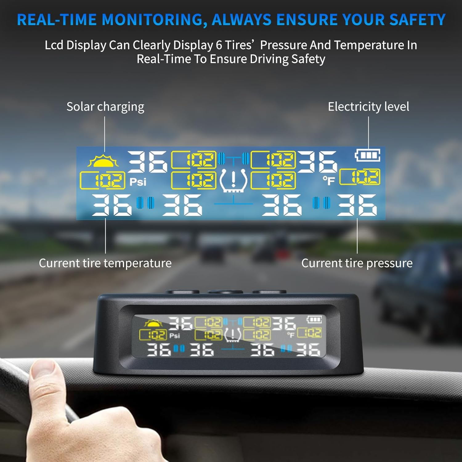 Tire Pressure Monitoring System with 6 External Sensors, TPMS with Solar Charge & 6 Alarm Modes, LCD Real-Time Display, Auto Sleep Mode, Tire Pressure Sensors for RV Trailer Truck Pickup (0-144 PSI) image number 5