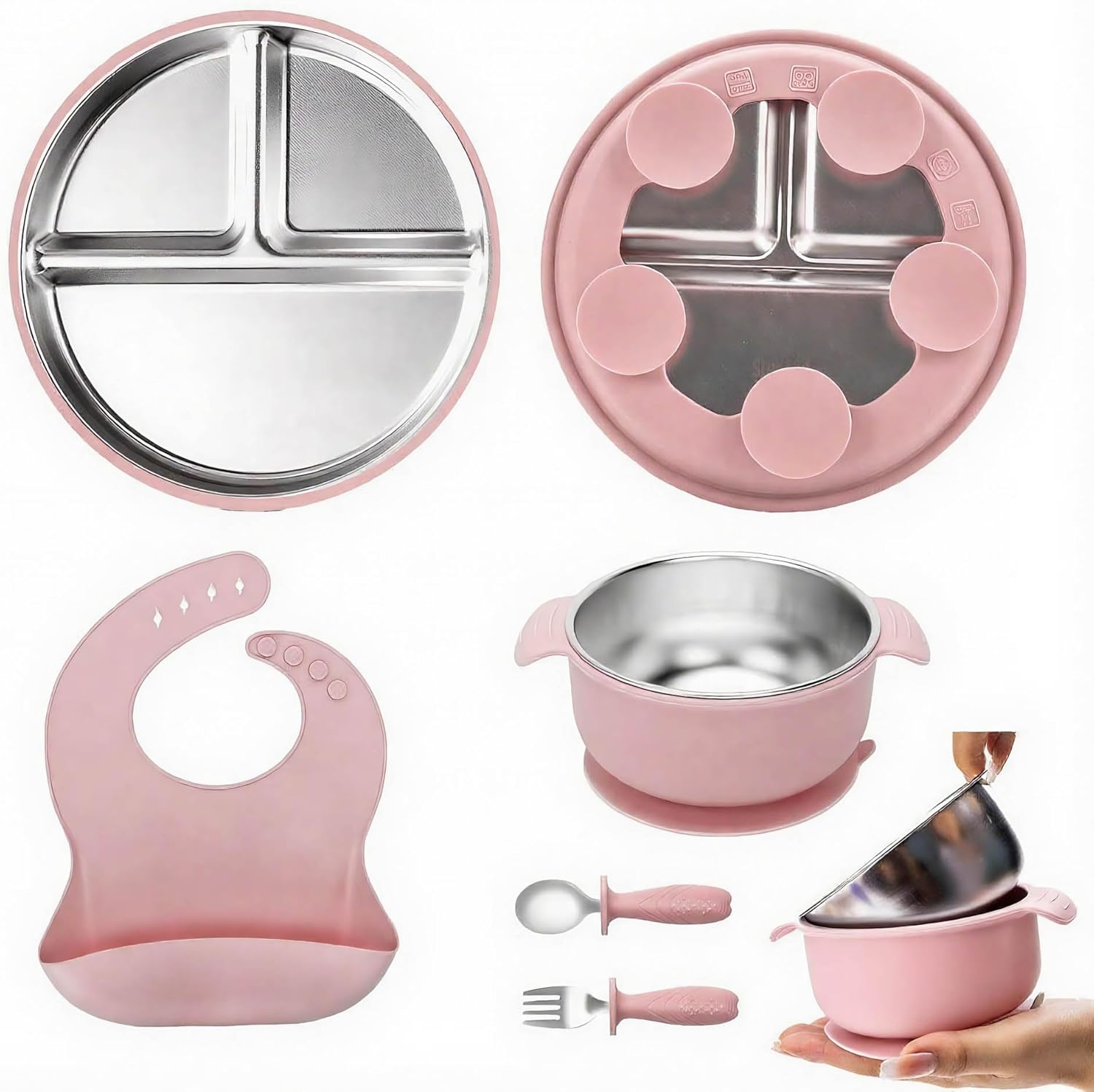 Stainless Steel Plate Kids Cutlery Set with Fork Spoon Bowl Bibs and Removable Silicone Suction Base (Pink)