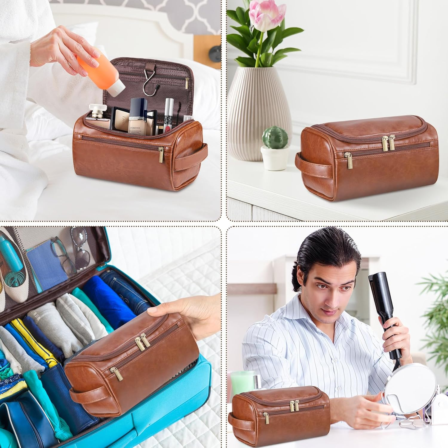 Zocipro Leather Toiletry Bag for Men, PU Artificial Leather Wash Bag for Travel, Gym & Shaving, Dry & Wet Separation with 3 Compartments - Perfect Men'S Hanging Washbag with Shoe Bag image number 4