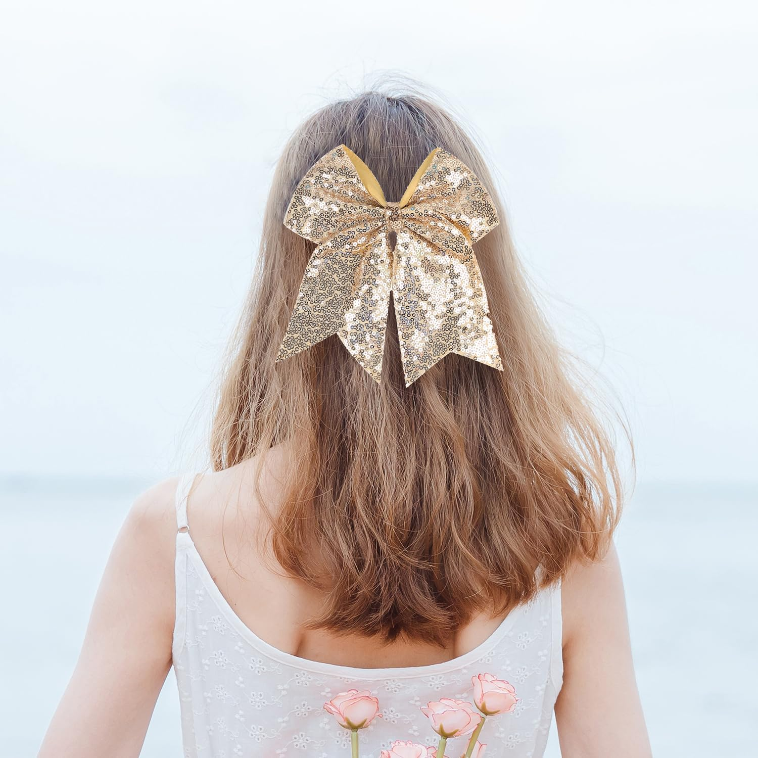 Jumbo Glitter Cheer Bow Clip - 7 Inch Large Cheerleading Sequin Hair Bow with Tails for Girls Teen Softball Cheerleader Outfit Uniform (Champ Gold)
