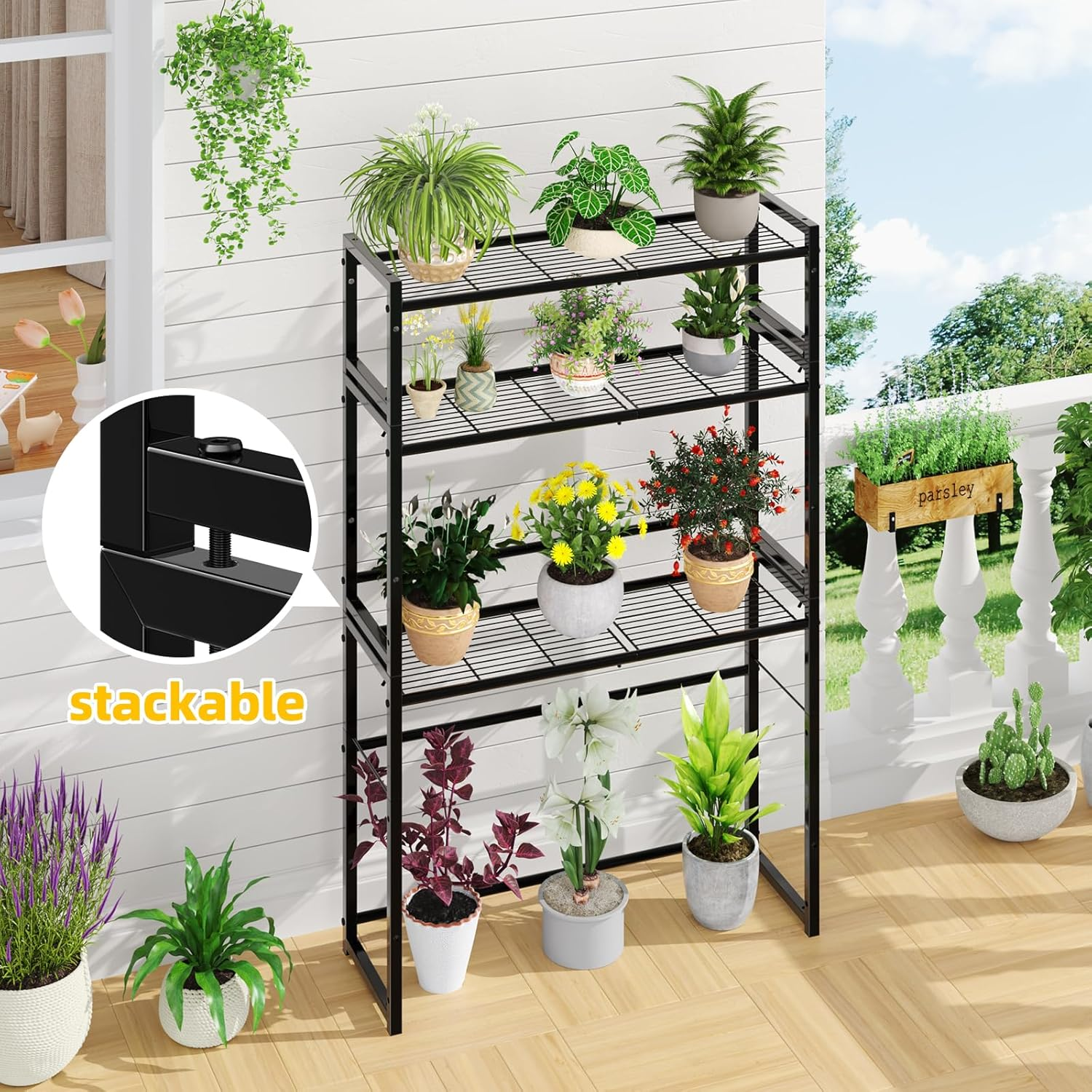 Simple Trending 3 Tier Metal Plant Stand Outdoor Indoor Waterproof, Stackable Heavy Duty Tall Plant Shelf Flower Pot Holder for Garden, Display Rack, Black image number 1