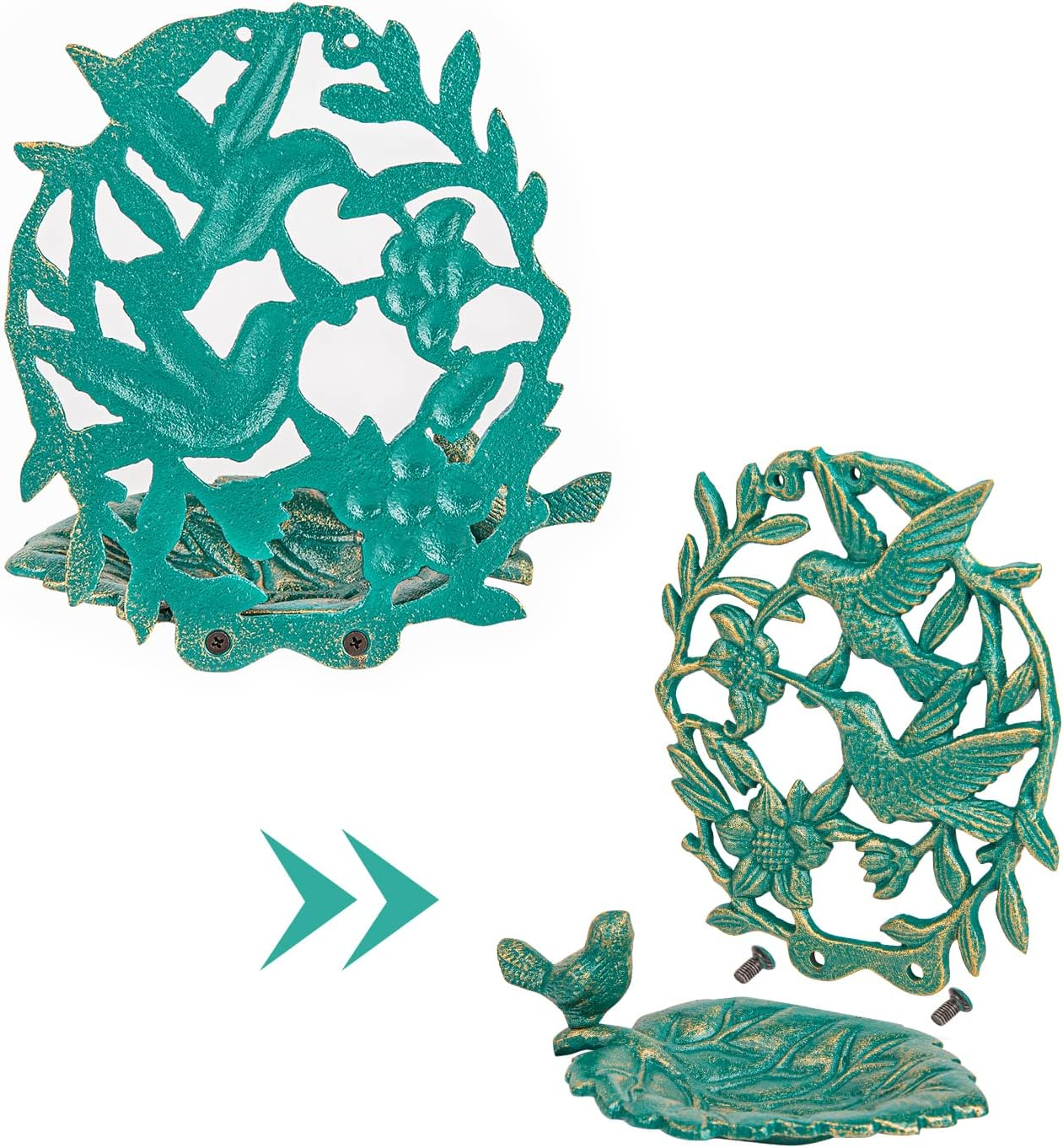 Sungmor Cast Iron Wall-Mounted Bird Feeder, Cute Hummingbird Decor Small Water Bath, Wall Hanging Fence Bird Bath Feeder, Beautiful Green Birdfeeder for Garden Backyard Patio Decoration image number 1