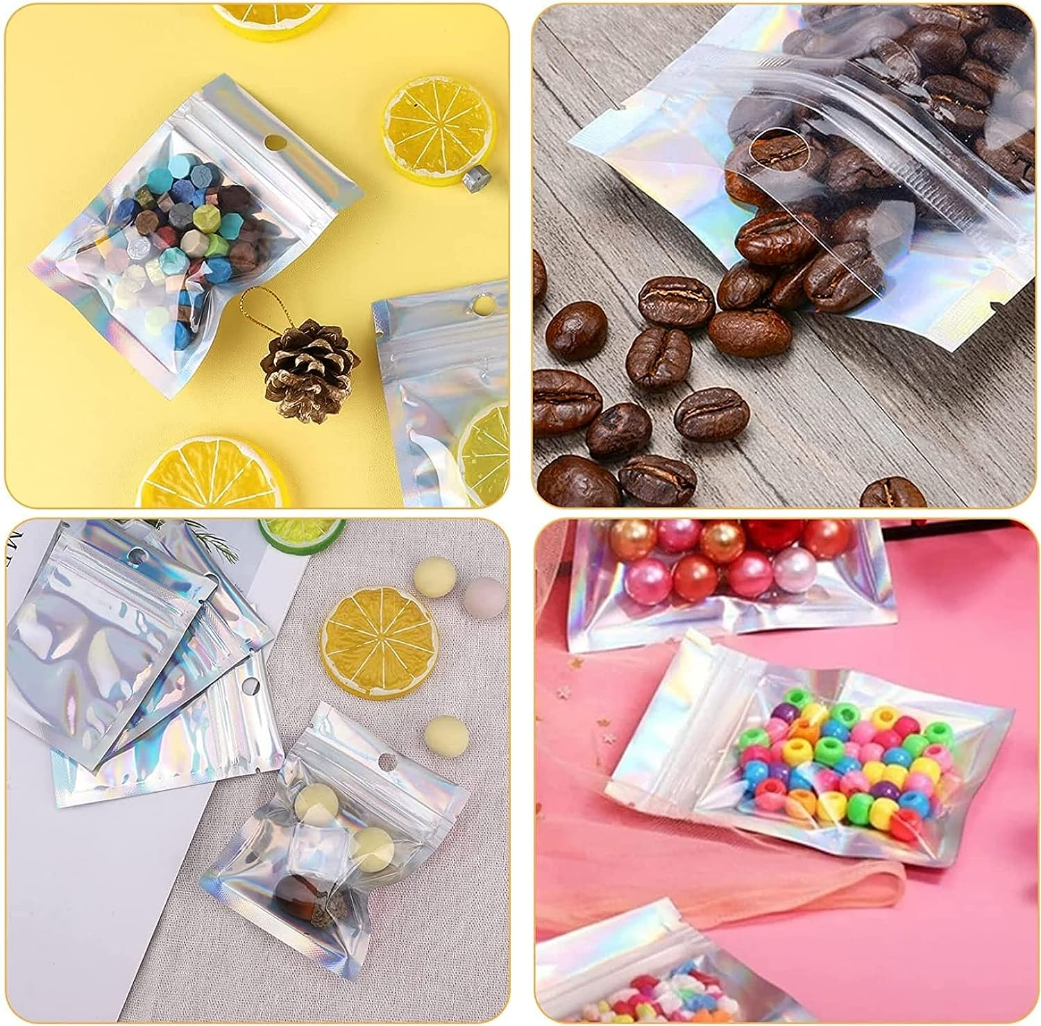 100PCS Resealable Rainbow Color Foil Ziplock Bags - Smell Proof & Holographic Packaging Bags for Food Storage, Coffee Beans, Candy, Jewelry, Lip Gloss - Ideal for Small Business (8 * 13Cm)