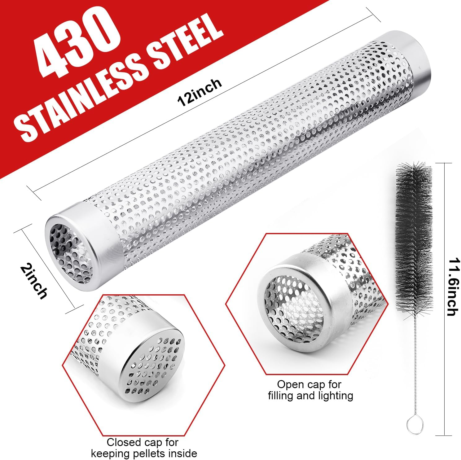 Smoke Tube for Pellet Grill, 5 Hours of Billowing Smoke, Stainless Steel Pellet Smoker Tube for All Grill or Smoker, Hot or Cold Smoking (Round-6 Inch) image number 3