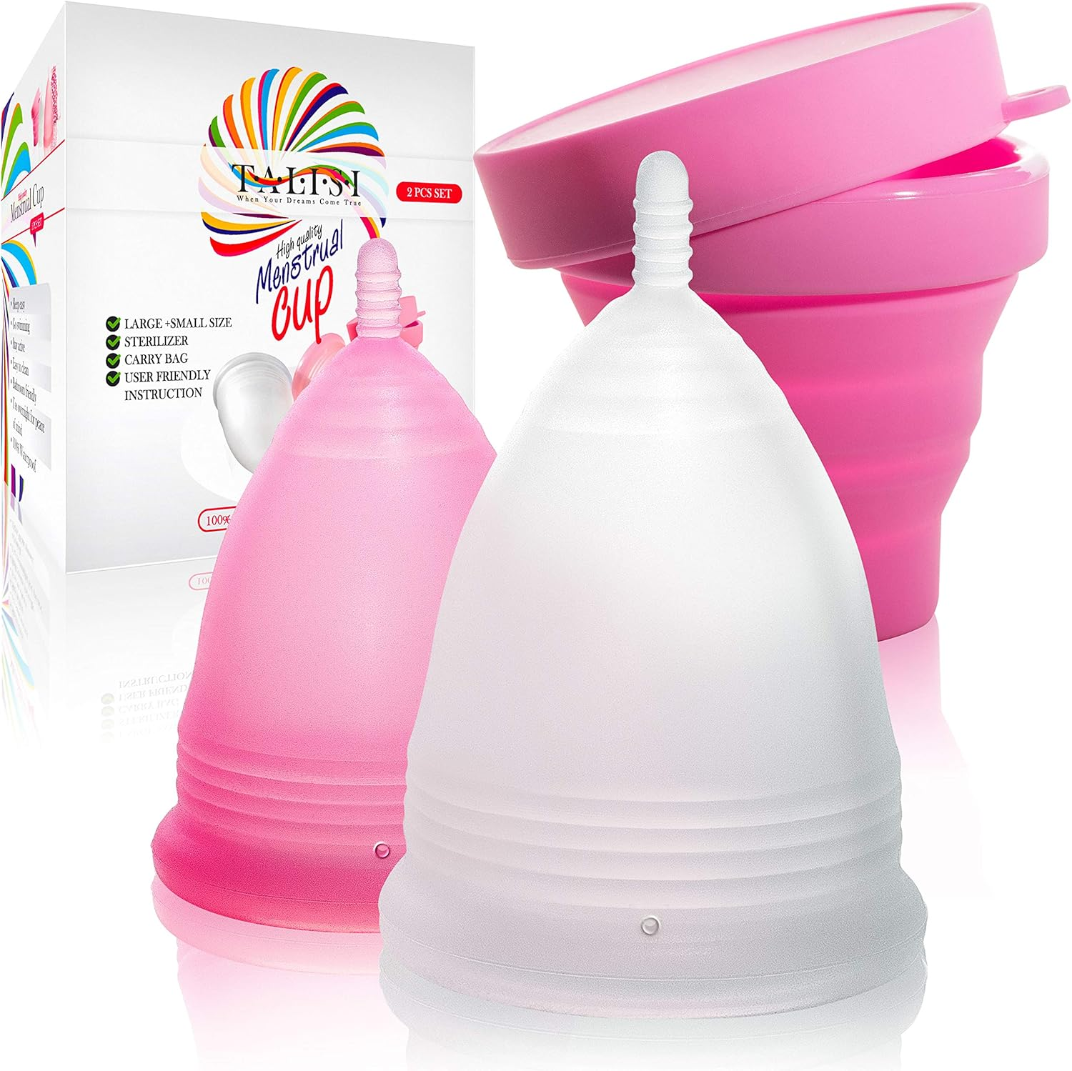 Talisi Menstrual Cups Set of 2 with Collapsible Cleaner Silicone Sterilizer - Soft Reusable Period Kit - Tampon Pads Disc Alternative - Menstruation Feminine Cup Regular, Heavy Flow (Small & Large) image number 4