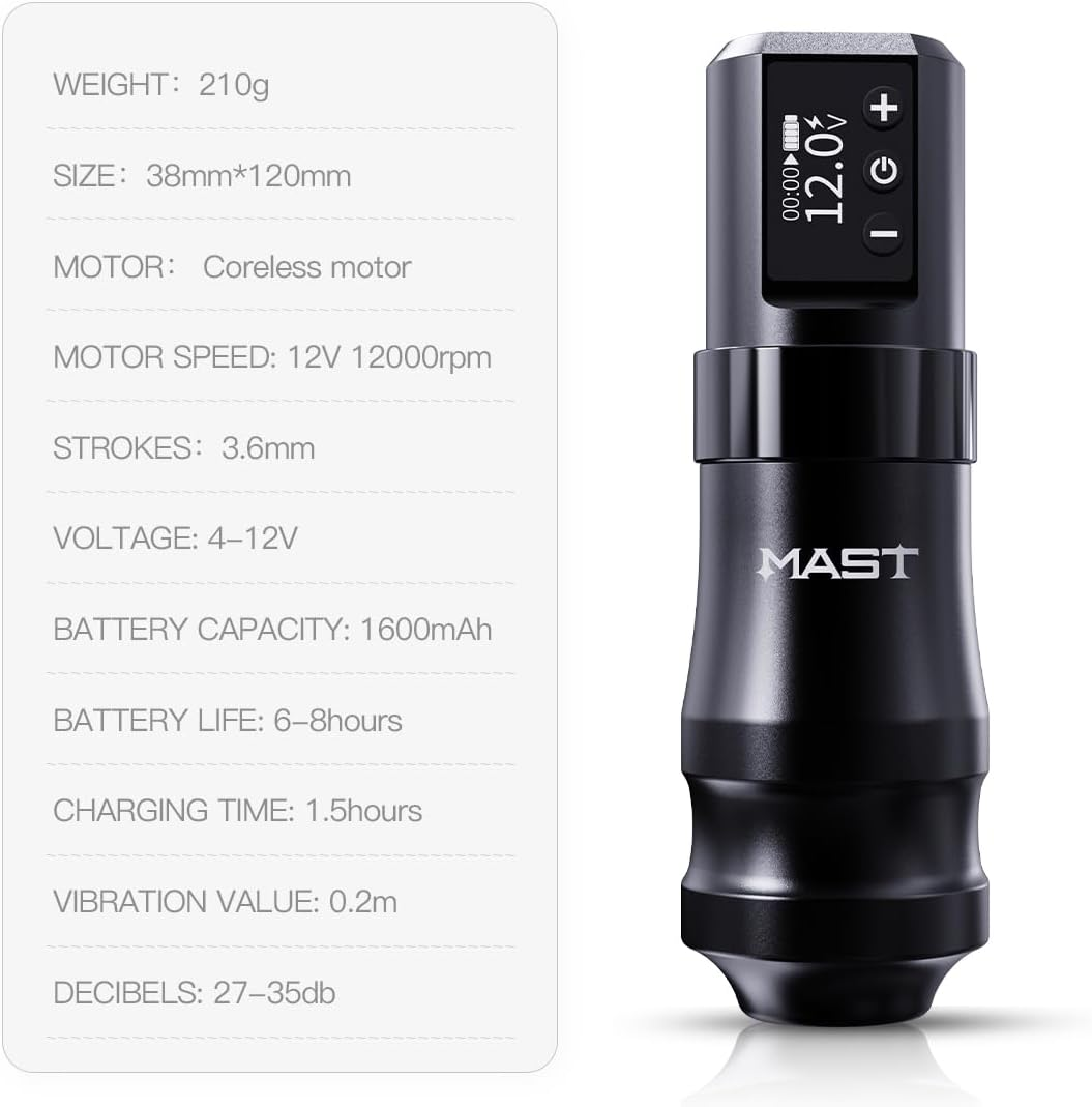 Mast Mini Wireless Pro Tattoo Gun Pen Machine 3.6Mm Stroke Length Mcore Coreless Power Motor Fast Charge Battery Supply (Grey)