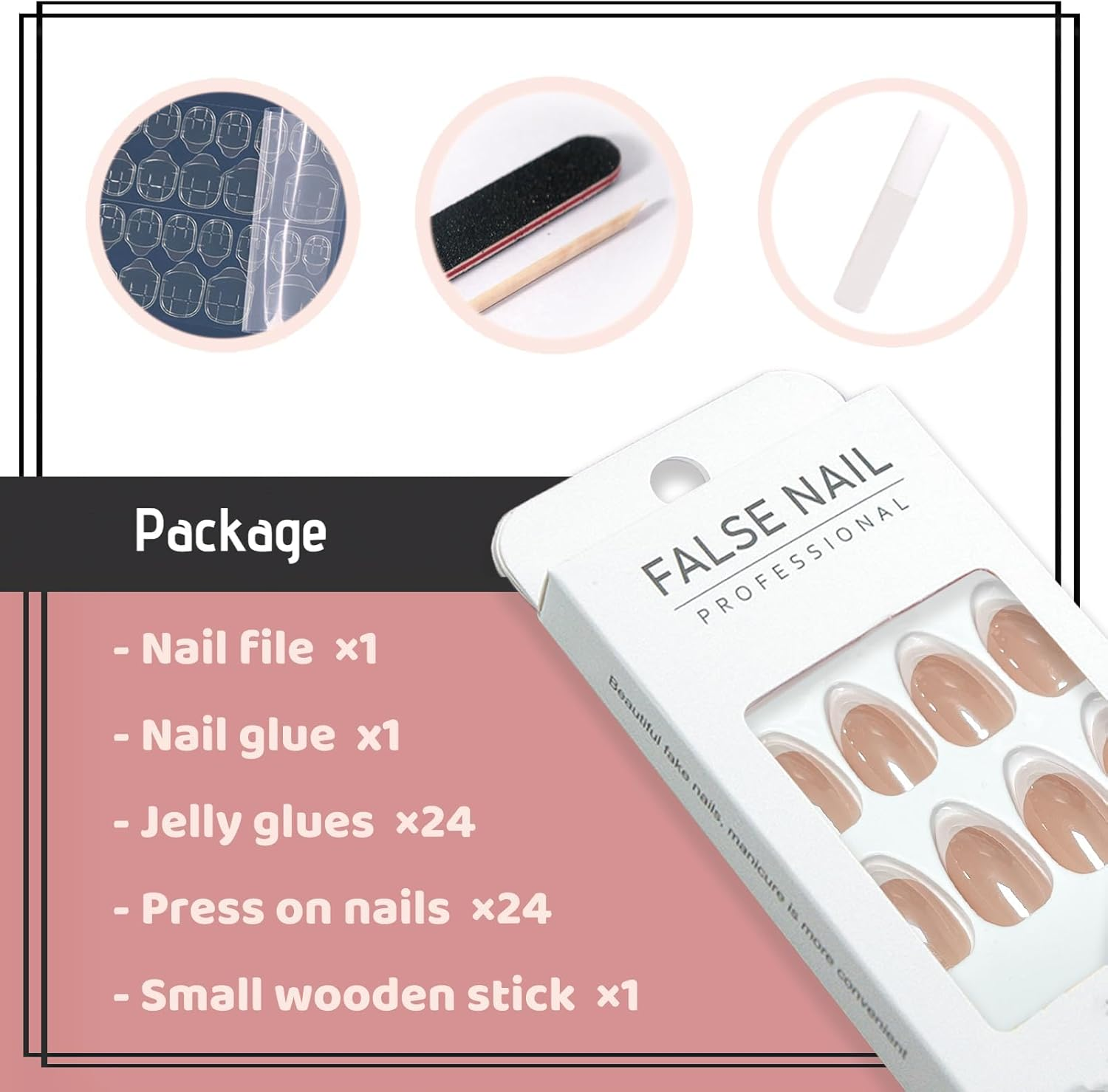 French Tip Chrome Press on Nails Almond Medium Fake Nails with Mirror Designs Glossy Glue on Acrylic Nails Nude Full Cover False Nails for Women image number 4