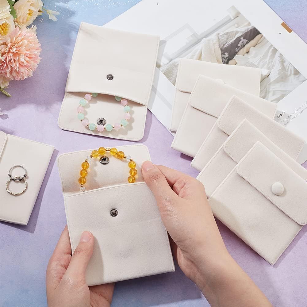 Velvet Jewelry Storage Bags with Snap Button, 10Pcs Velvet Jewelry Pouches with Snap Button for Gift Storage, Velveting Pouch Button Bag with Snaped, Beige image number 4