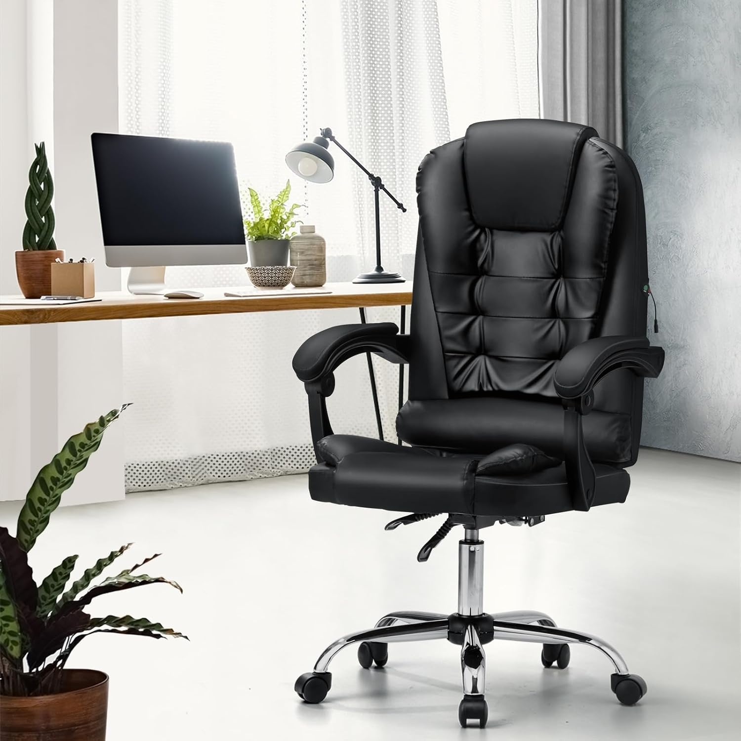 Oikiture Office Desk Chair with Pu Leather Cover and 90-150 Degrees Reclining Ergonomic Message Chair Black - Boss With Footrest-Black image number 2