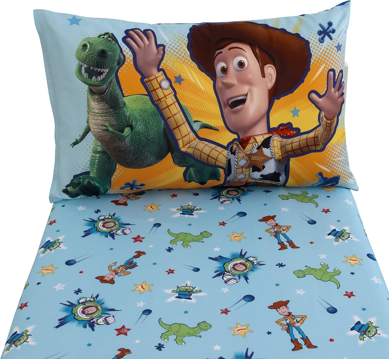 Disney Toy Story Power up 2 Pack Fitted Sheet and Pillowcase Toddler Sheet Set, Blue/Green image number 5
