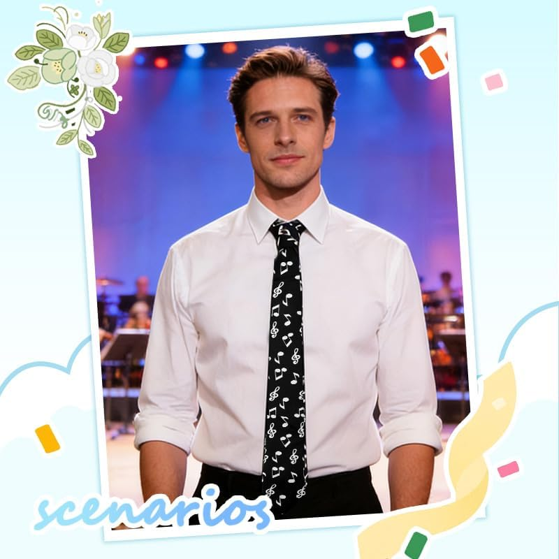 Music Note Necktie for Suit Shirt Accessories Musicians Neckties Music Lovers Birthday Gifts for Men Business Wedding Party Fashion Black Musical Note Neck Ties