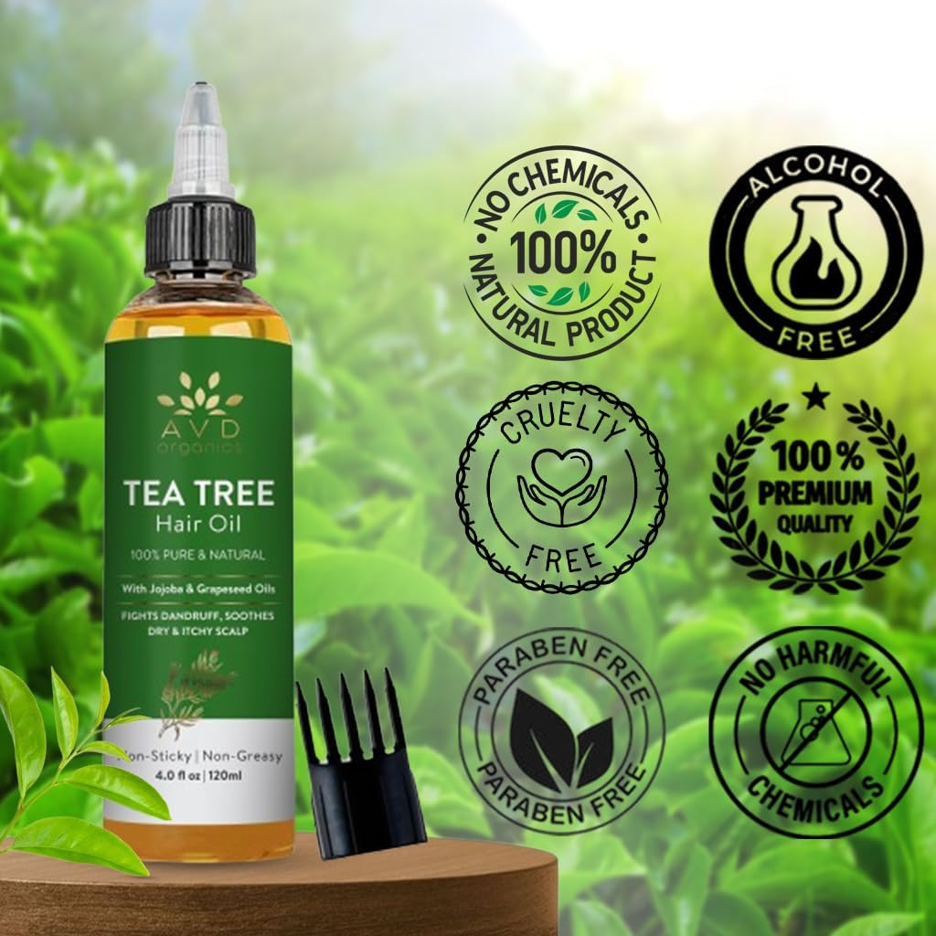 AVD Organics Tea Tree Hair Oil 120 ML | 100% Pure and Natural Tea Tree Hair Oil | Soothes Itchy Scalp | Moisturize Skin Strengthen Hair | Ideal for Both Men and Women | 4 Fl Oz image number 3