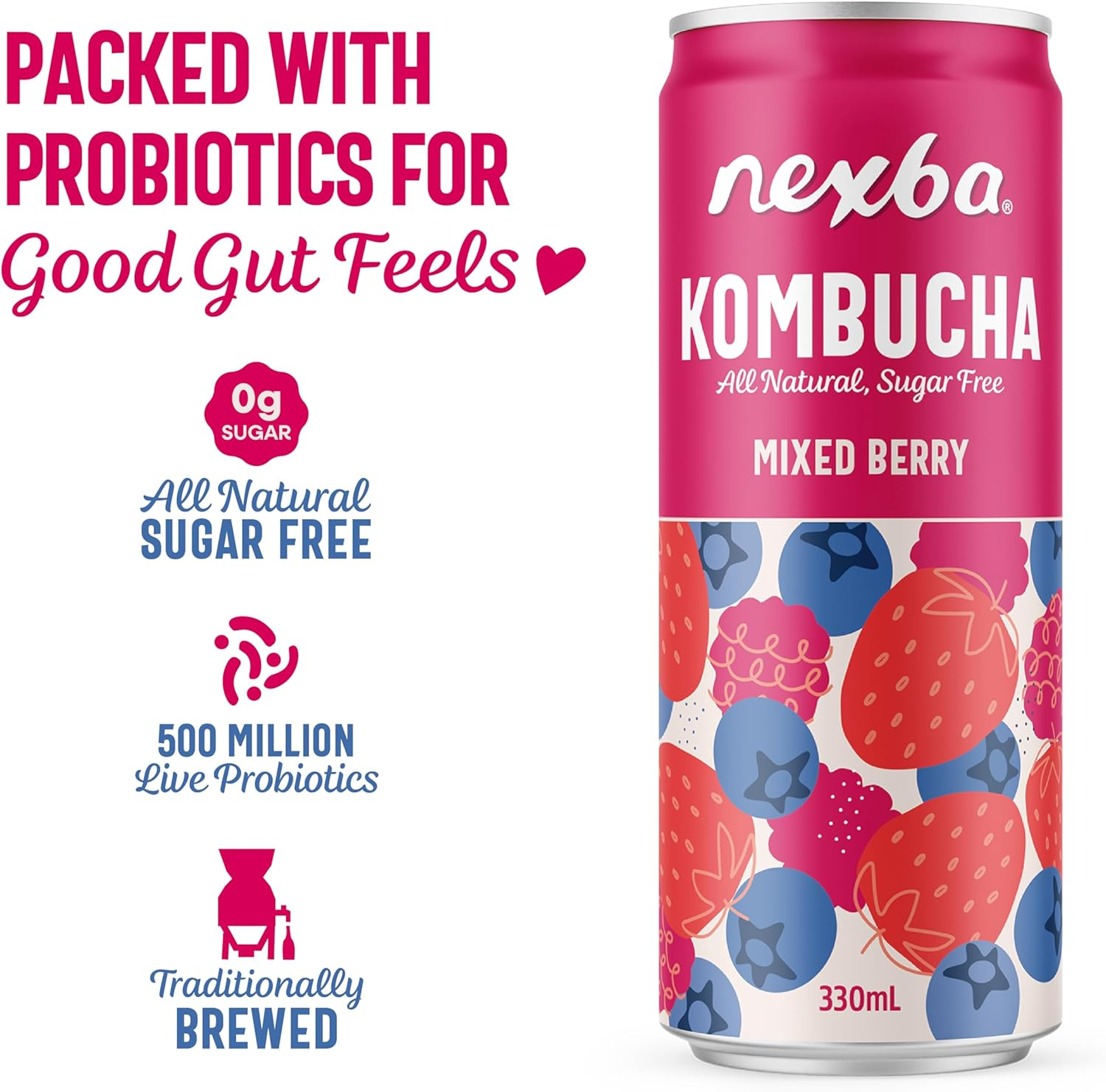 Nexba Kombucha &ndash; Mixed Berry &ndash; All Natural Sugar Free &ndash; 24 X 330Ml Cans image number 3
