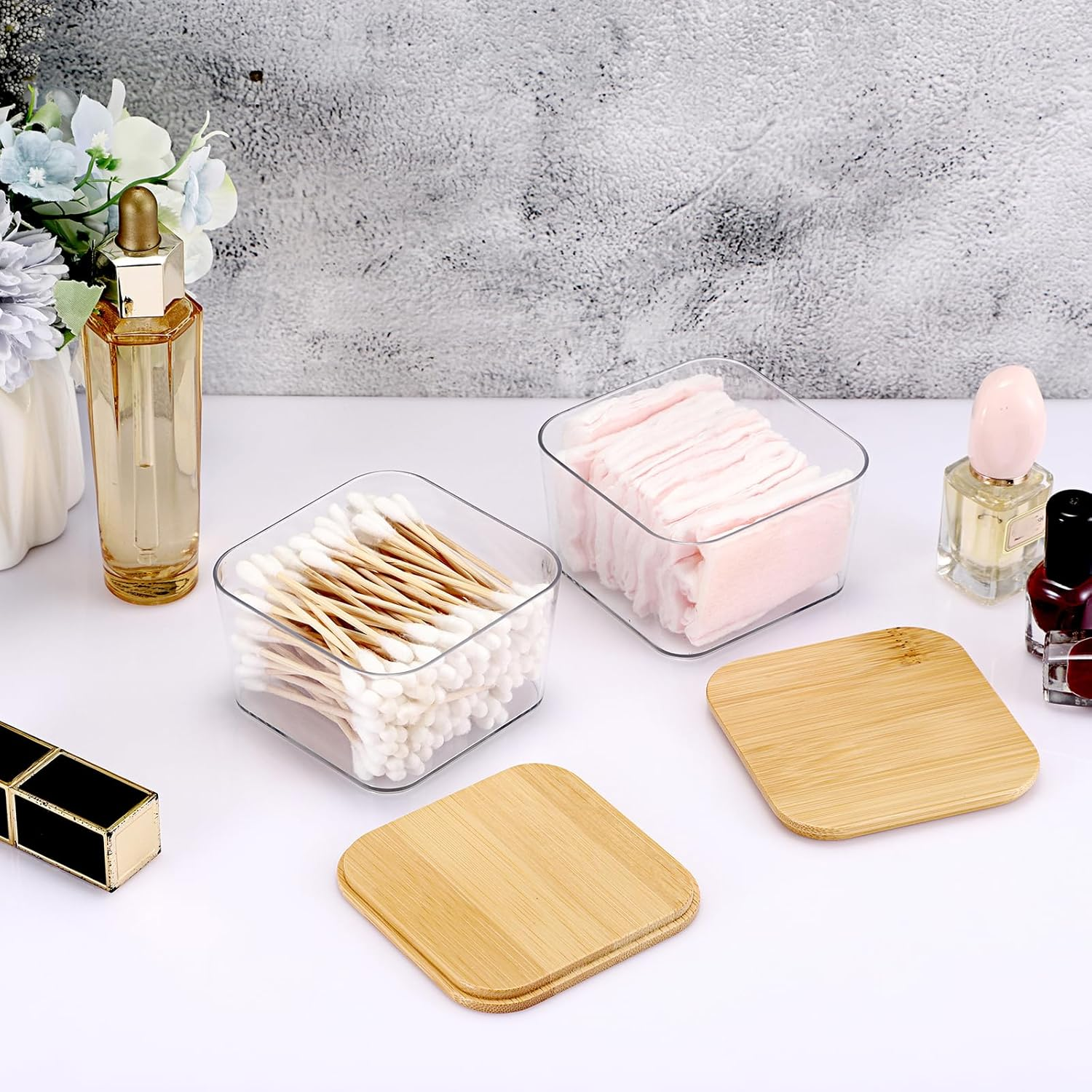 OGA Staple Dispenser Office Clips Box Plastic Box with Bamboo Lid Small Transparent Storage Box Versatile Desk Organiser for Paper Clips, Paper Clip, Letter Clips 8.5 X 8.5 X 5 Cm image number 6