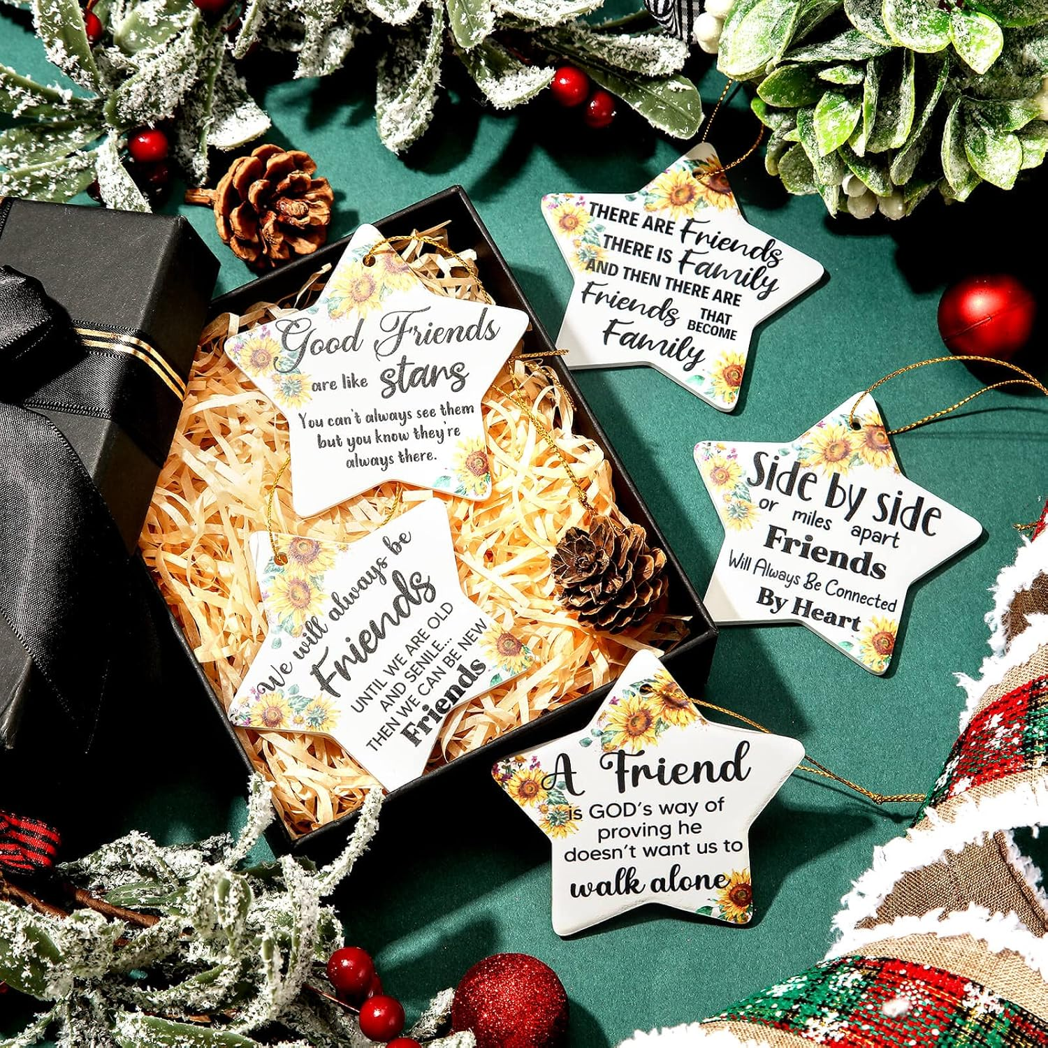 Youyole 5 Pieces Christmas Friendship Gifts Ceramics Ornament Tree Ornaments Best Friend Inspirational Gift Appreciation Keepsake Hanging Sign and Black Flannel Bag for Woman Birthday (Star) image number 1