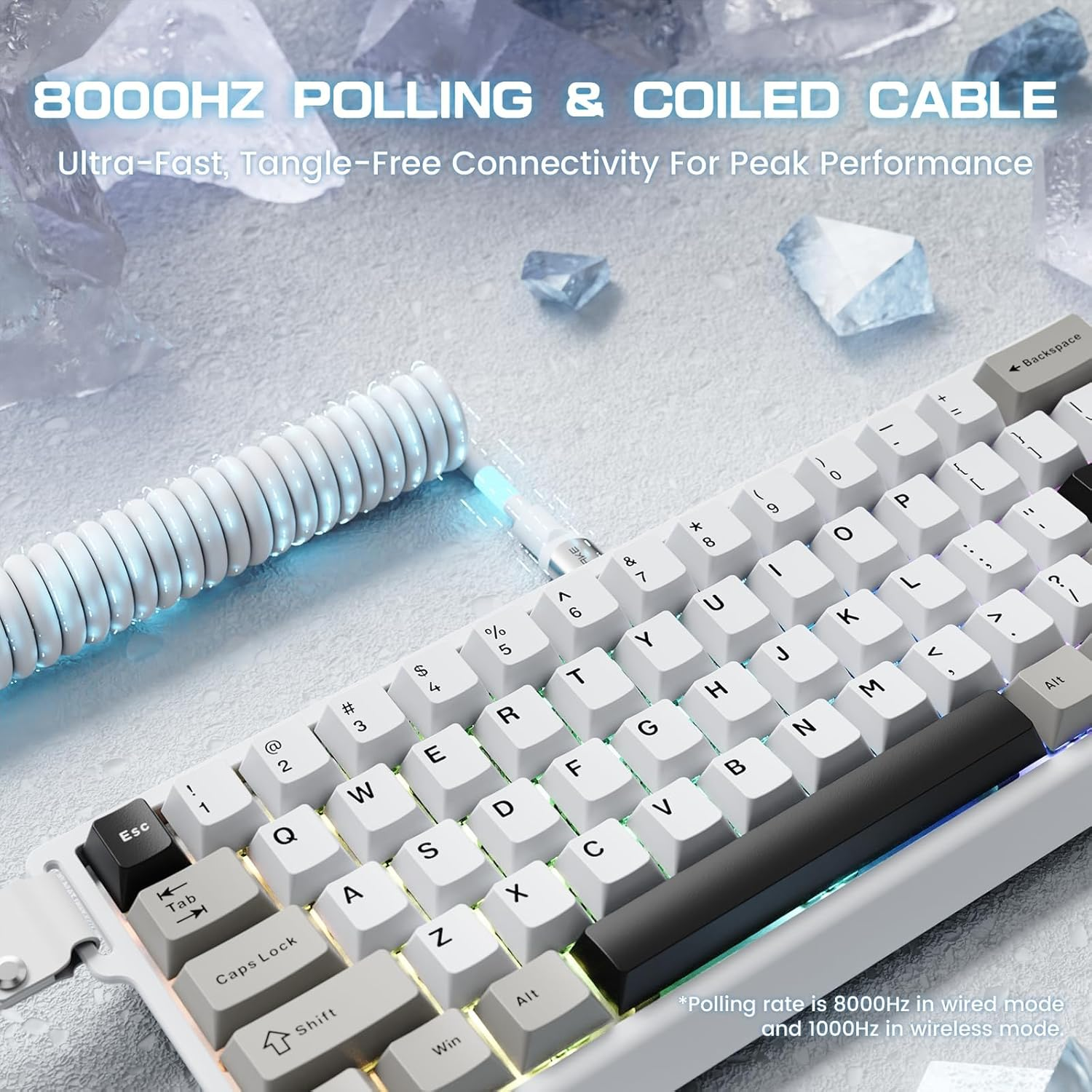 MAMBASNAKE X60 HE 60% Bt/2.4G/Wired Tri-Mode Gaming Keyboard Adjustable Actuation,Rapid Trigger Magnetic Switch Mechanical Keyboard,Rgb Backlit,8Khz Polling Rate with Coiled Cable for Pc/Mac-White image number 6